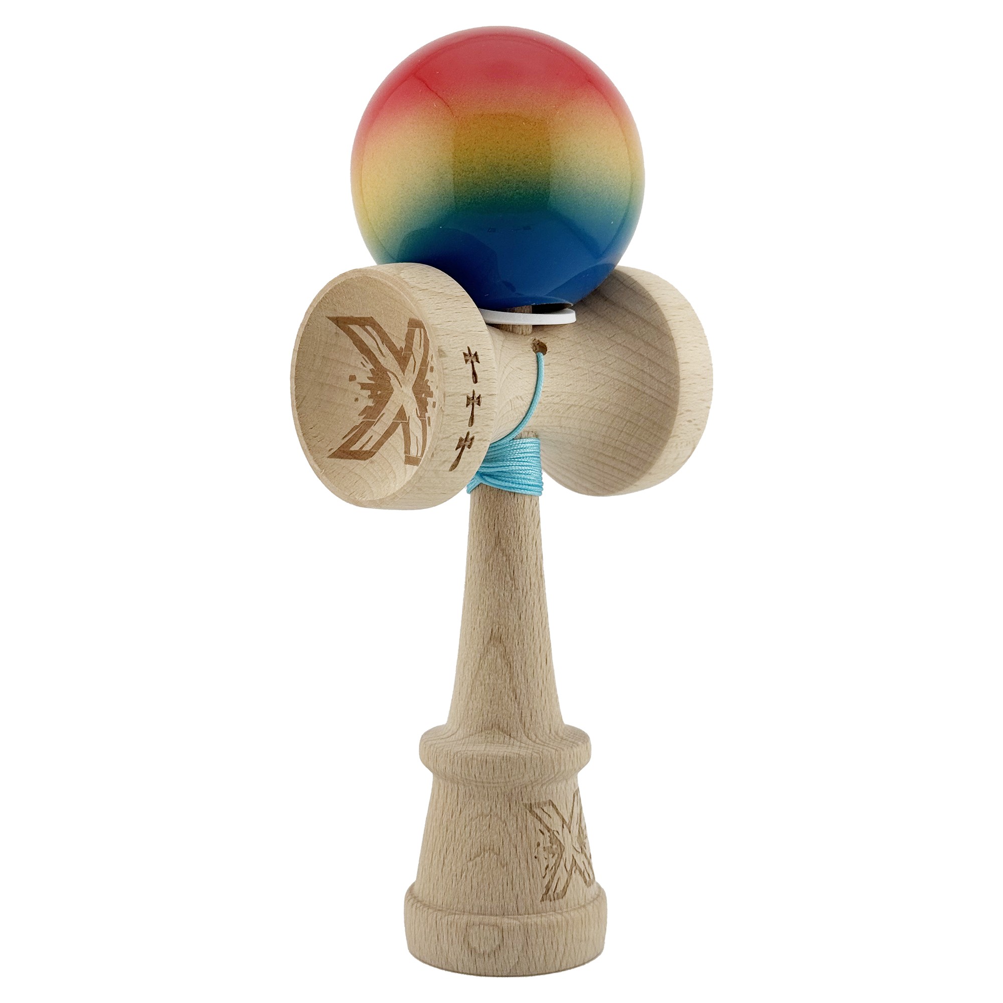 Kendama X Originala, Profesionala, Flippy, Super Sticky cu Cupe Mari KING SIZE V3, Gaura in Baza, Rulment Metalic, din lemn 18 cm, Ata 62/65 cm, Gradient Rosu/Galben/Albastru