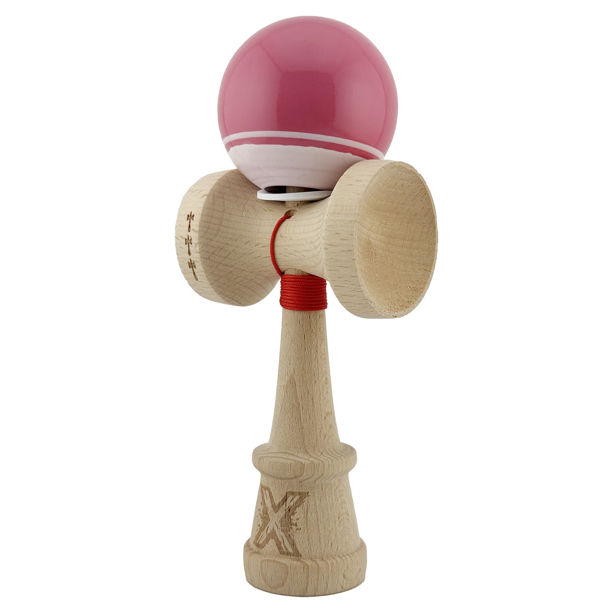Kendama X Originala, Profesionala, Flippy, Super Sticky cu Cupe Mari KING SIZE V3, Gaura in Baza, Rulment Metalic, din lemn 18 cm, Ata 62/65 cm, Special Roz/Alb