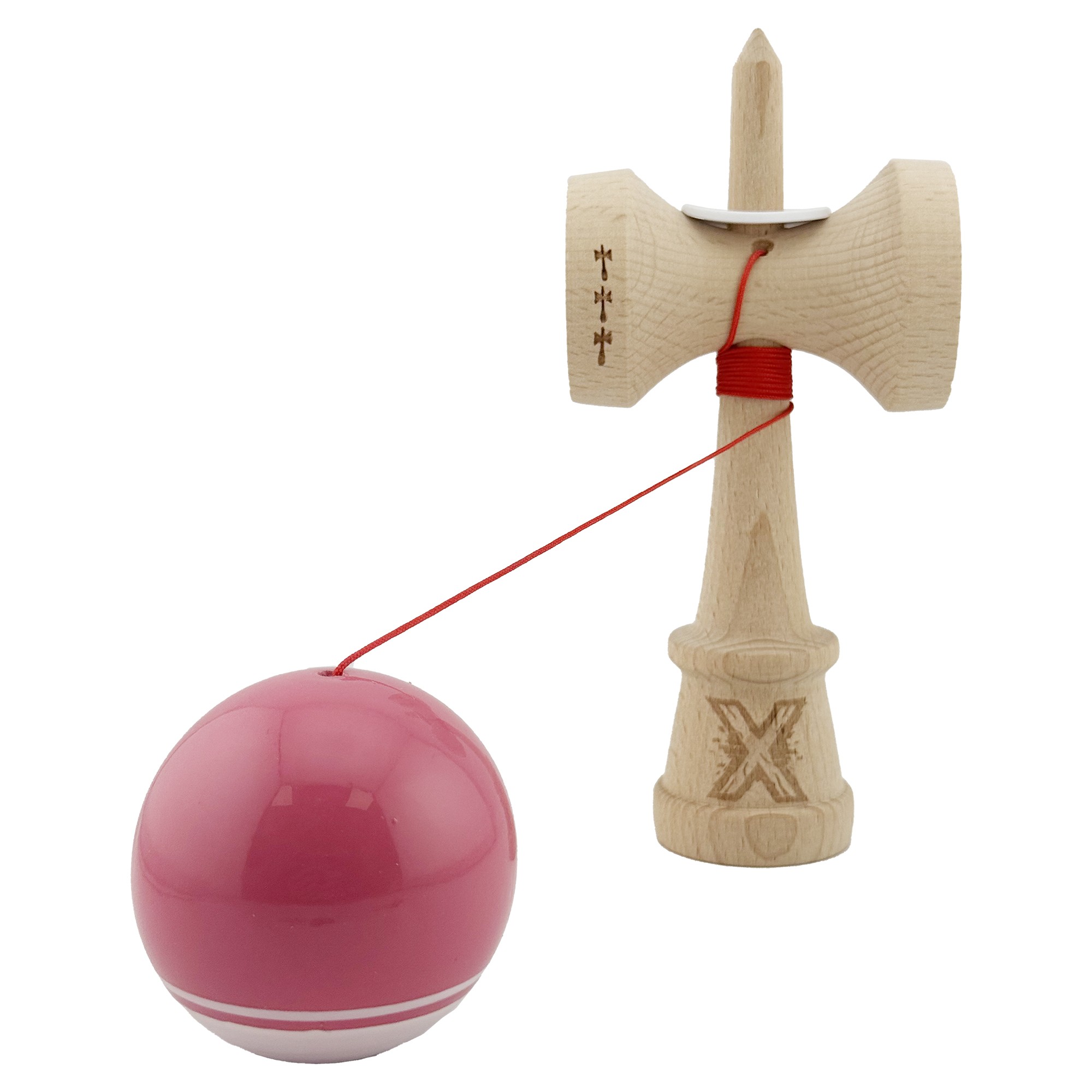Kendama X Originala, Profesionala, Flippy, Super Sticky cu Cupe Mari KING SIZE V3, Gaura in Baza, Rulment Metalic, din lemn 18 cm, Ata 62/65 cm, Special Roz/Alb