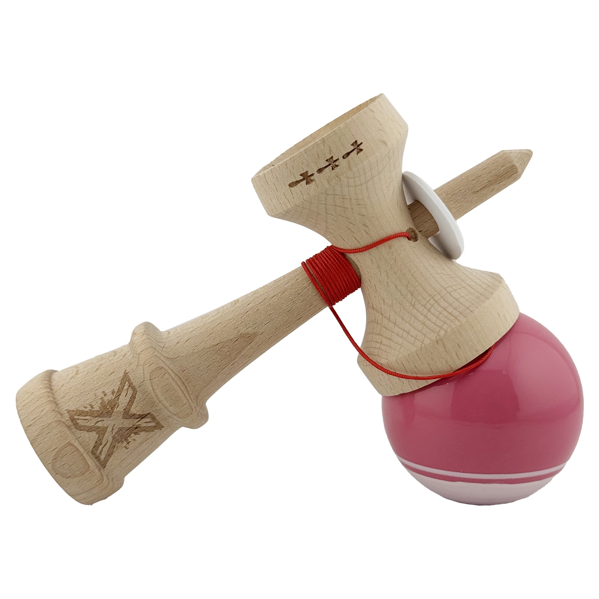 Kendama X Originala, Profesionala, Flippy, Super Sticky cu Cupe Mari KING SIZE V3, Gaura in Baza, Rulment Metalic, din lemn 18 cm, Ata 62/65 cm, Special Roz/Alb