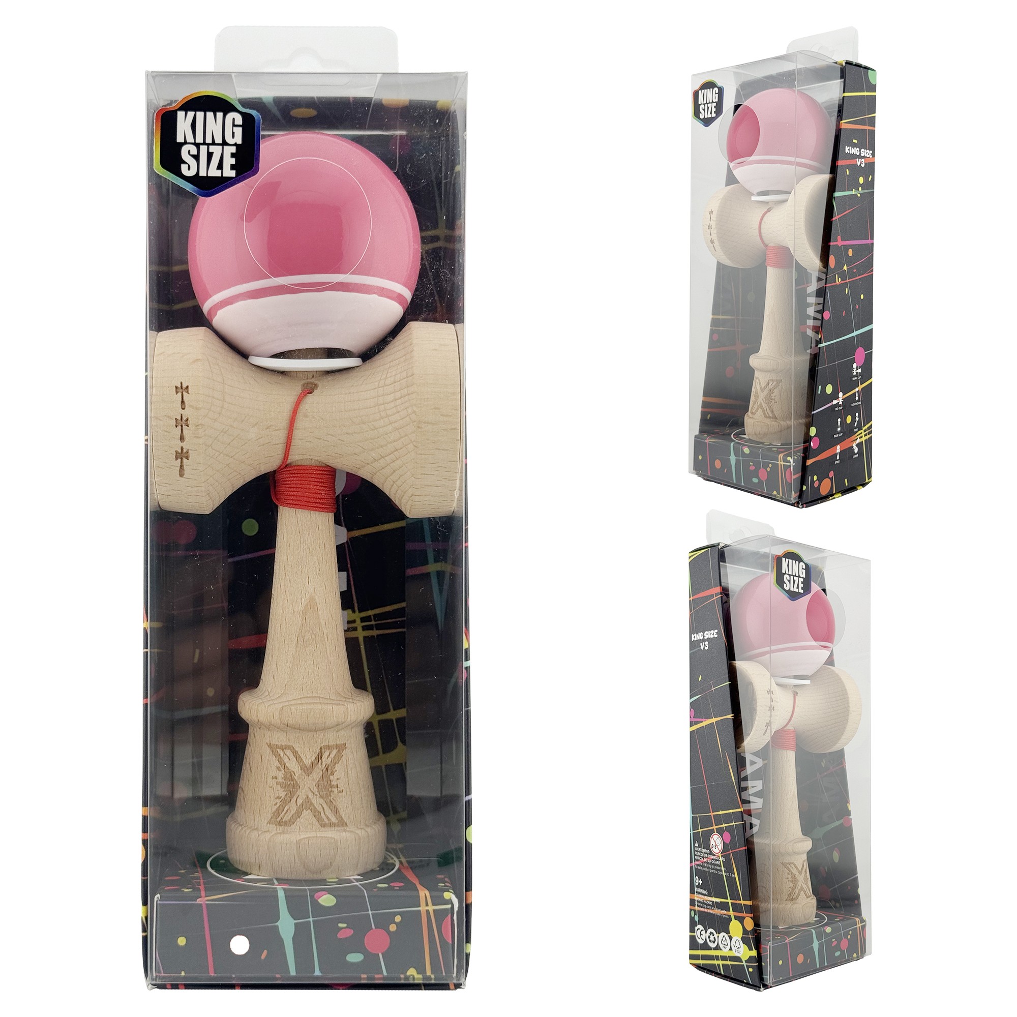 Kendama X Originala, Profesionala, Flippy, Super Sticky cu Cupe Mari KING SIZE V3, Gaura in Baza, Rulment Metalic, din lemn 18 cm, Ata 62/65 cm, Special Roz/Alb
