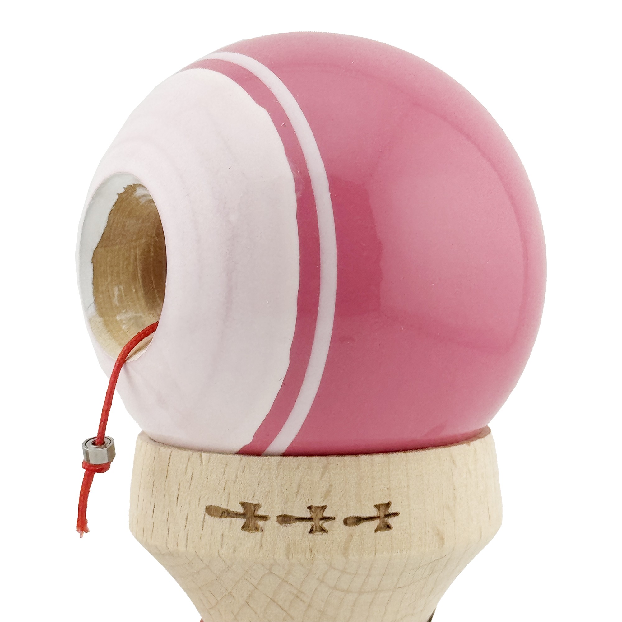 Kendama X Originala, Profesionala, Flippy, Super Sticky cu Cupe Mari KING SIZE V3, Gaura in Baza, Rulment Metalic, din lemn 18 cm, Ata 62/65 cm, Special Roz/Alb