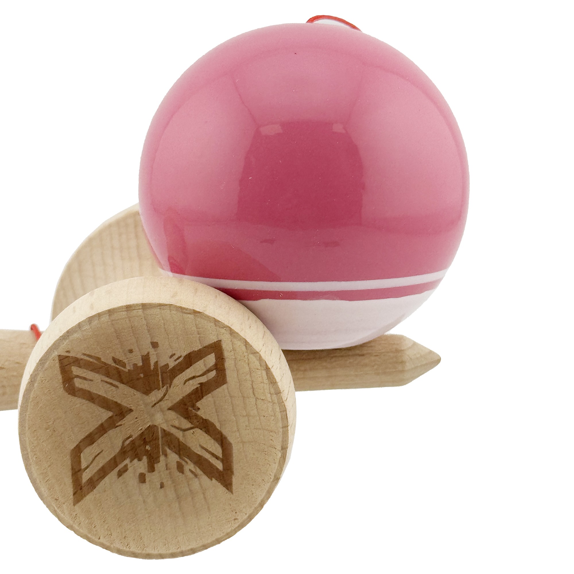 Kendama X Originala, Profesionala, Flippy, Super Sticky cu Cupe Mari KING SIZE V3, Gaura in Baza, Rulment Metalic, din lemn 18 cm, Ata 62/65 cm, Special Roz/Alb