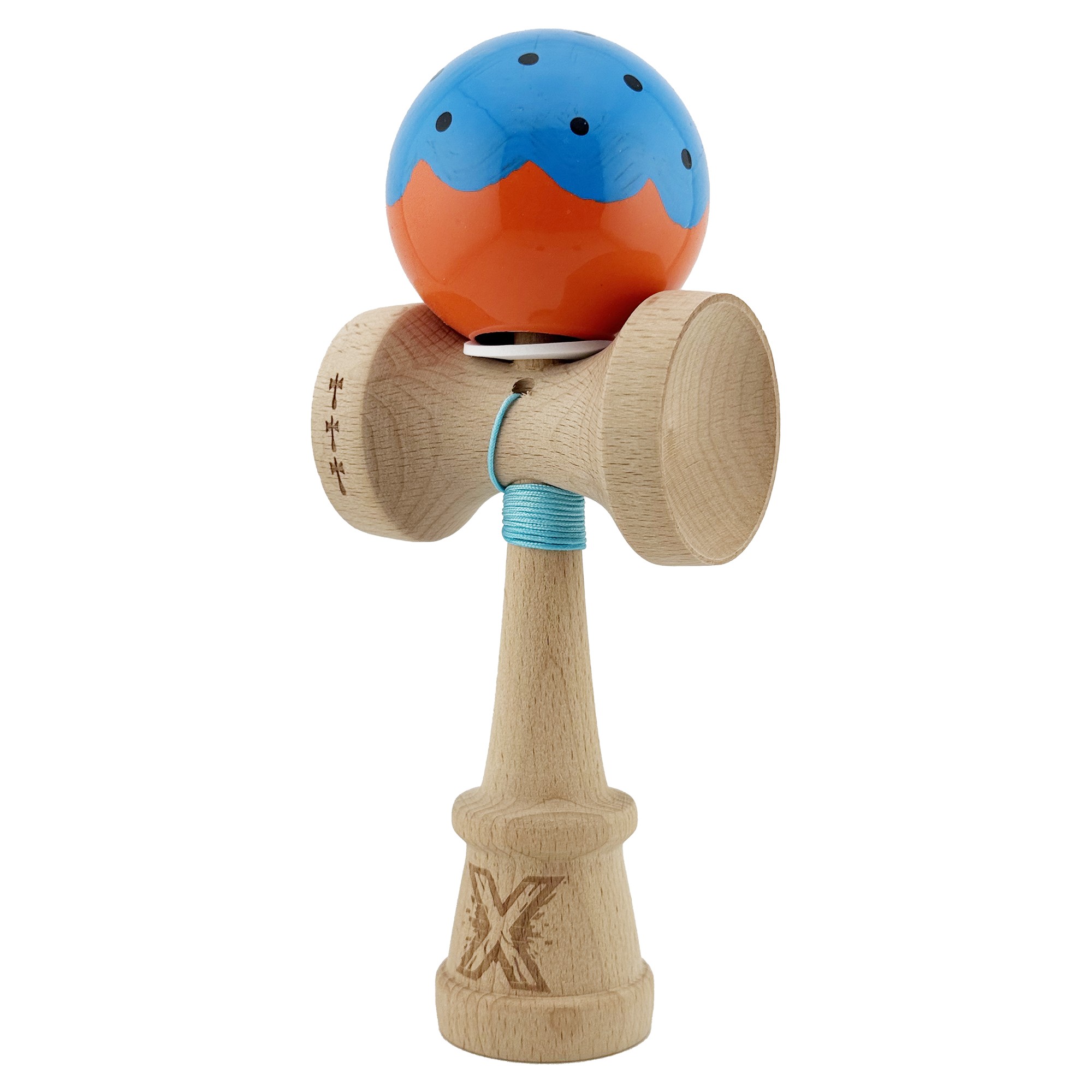 Kendama X Originala, Profesionala, Flippy, Super Sticky cu Cupe Mari KING SIZE V3, Gaura in Baza, Rulment Metalic, din lemn 18 cm, Ata 62/65 cm, Special Albastru/Portocaliu