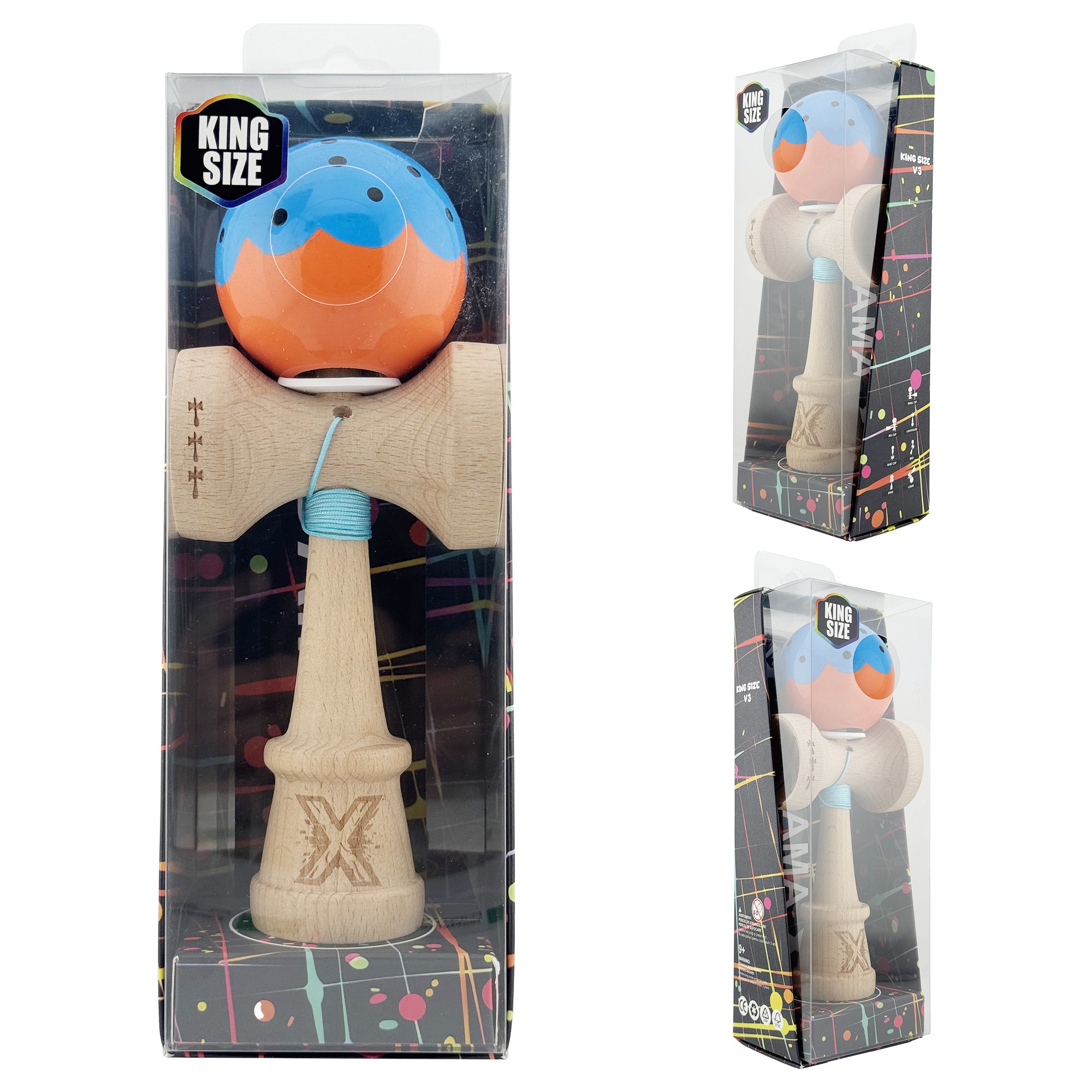 Kendama X Originala, Profesionala, Flippy, Super Sticky cu Cupe Mari KING SIZE V3, Gaura in Baza, Rulment Metalic, din lemn 18 cm, Ata 62/65 cm, Special Albastru/Portocaliu