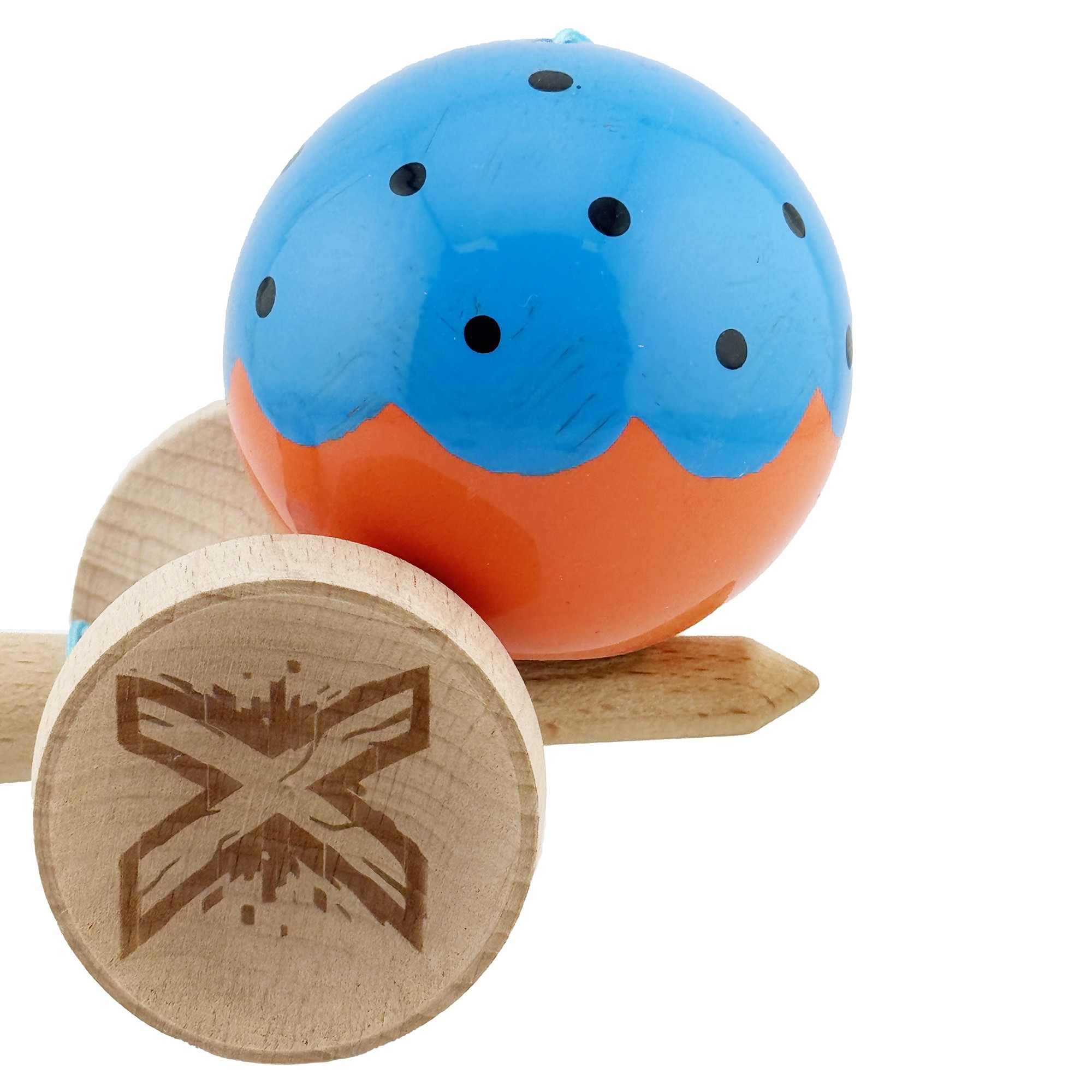 Kendama X Originala, Profesionala, Flippy, Super Sticky cu Cupe Mari KING SIZE V3, Gaura in Baza, Rulment Metalic, din lemn 18 cm, Ata 62/65 cm, Special Albastru/Portocaliu