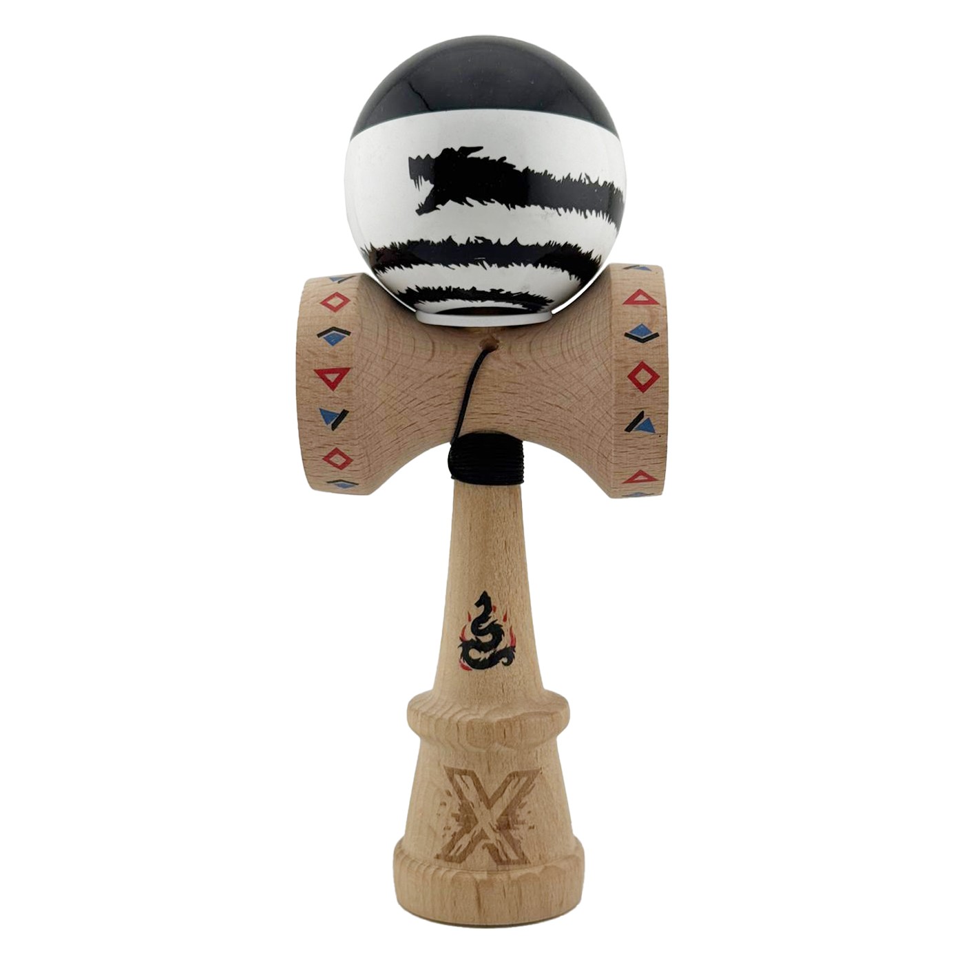 Kendama X Originala, Profesionala, Flippy, BLACK DRAGON, Super Sticky cu Cupe Mari KING SIZE V3, Gaura in Baza, Rulment Metalic, din lemn 18 cm, Ata 62/65 cm, Alb/Negru