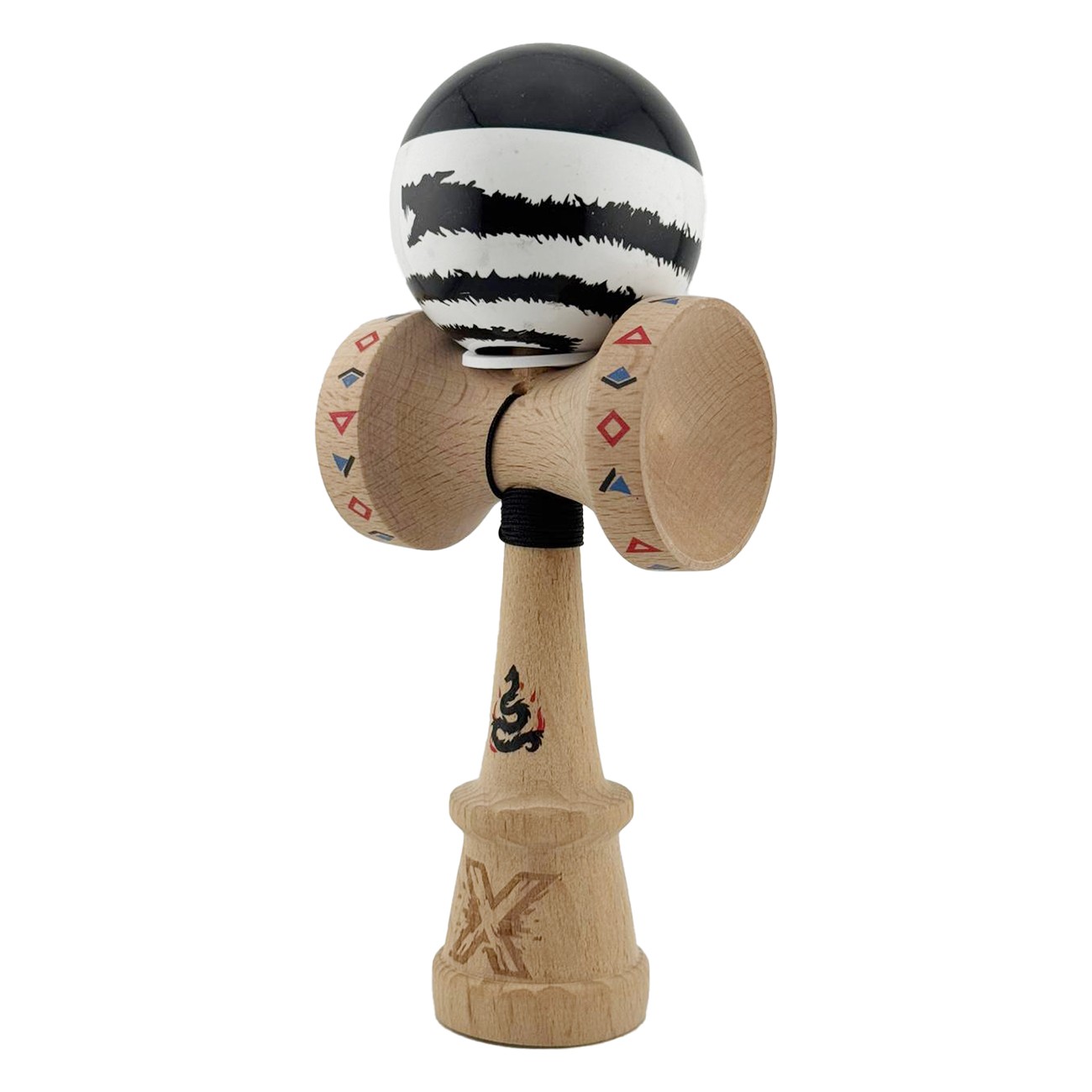 Kendama X Originala, Profesionala, Flippy, BLACK DRAGON, Super Sticky cu Cupe Mari KING SIZE V3, Gaura in Baza, Rulment Metalic, din lemn 18 cm, Ata 62/65 cm, Alb/Negru