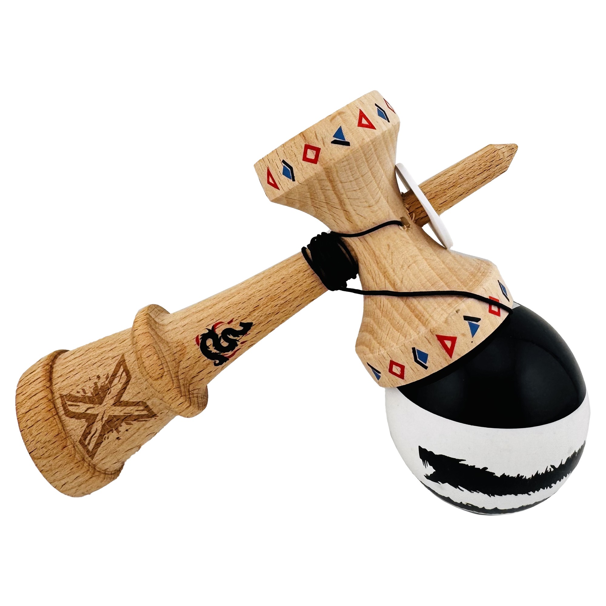 Kendama X Originala, Profesionala, Flippy, BLACK DRAGON, Super Sticky cu Cupe Mari KING SIZE V3, Gaura in Baza, Rulment Metalic, din lemn 18 cm, Ata 62/65 cm, Alb/Negru