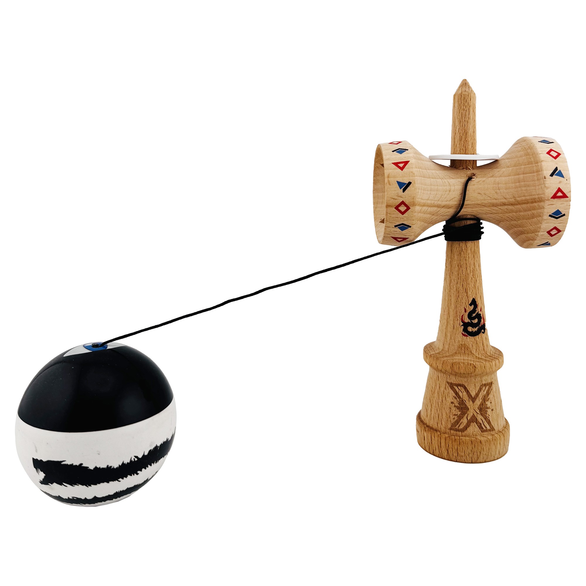 Kendama X Originala, Profesionala, Flippy, BLACK DRAGON, Super Sticky cu Cupe Mari KING SIZE V3, Gaura in Baza, Rulment Metalic, din lemn 18 cm, Ata 62/65 cm, Alb/Negru