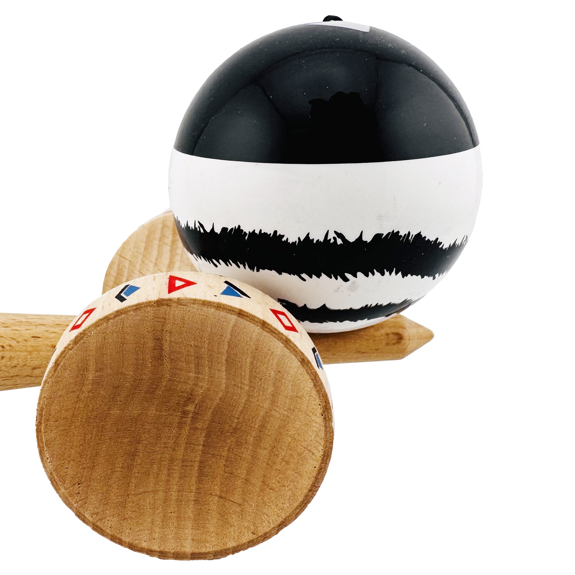 Kendama X Originala, Profesionala, Flippy, BLACK DRAGON, Super Sticky cu Cupe Mari KING SIZE V3, Gaura in Baza, Rulment Metalic, din lemn 18 cm, Ata 62/65 cm, Alb/Negru