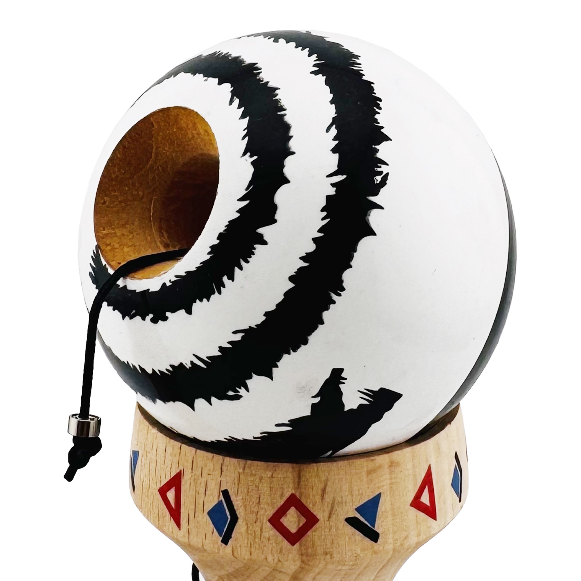 Kendama X Originala, Profesionala, Flippy, BLACK DRAGON, Super Sticky cu Cupe Mari KING SIZE V3, Gaura in Baza, Rulment Metalic, din lemn 18 cm, Ata 62/65 cm, Alb/Negru