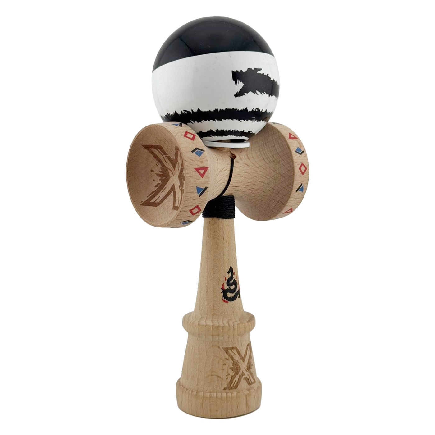 Kendama X Originala, Profesionala, Flippy, BLACK DRAGON, Super Sticky cu Cupe Mari KING SIZE V3, Gaura in Baza, Rulment Metalic, din lemn 18 cm, Ata 62/65 cm, Alb/Negru