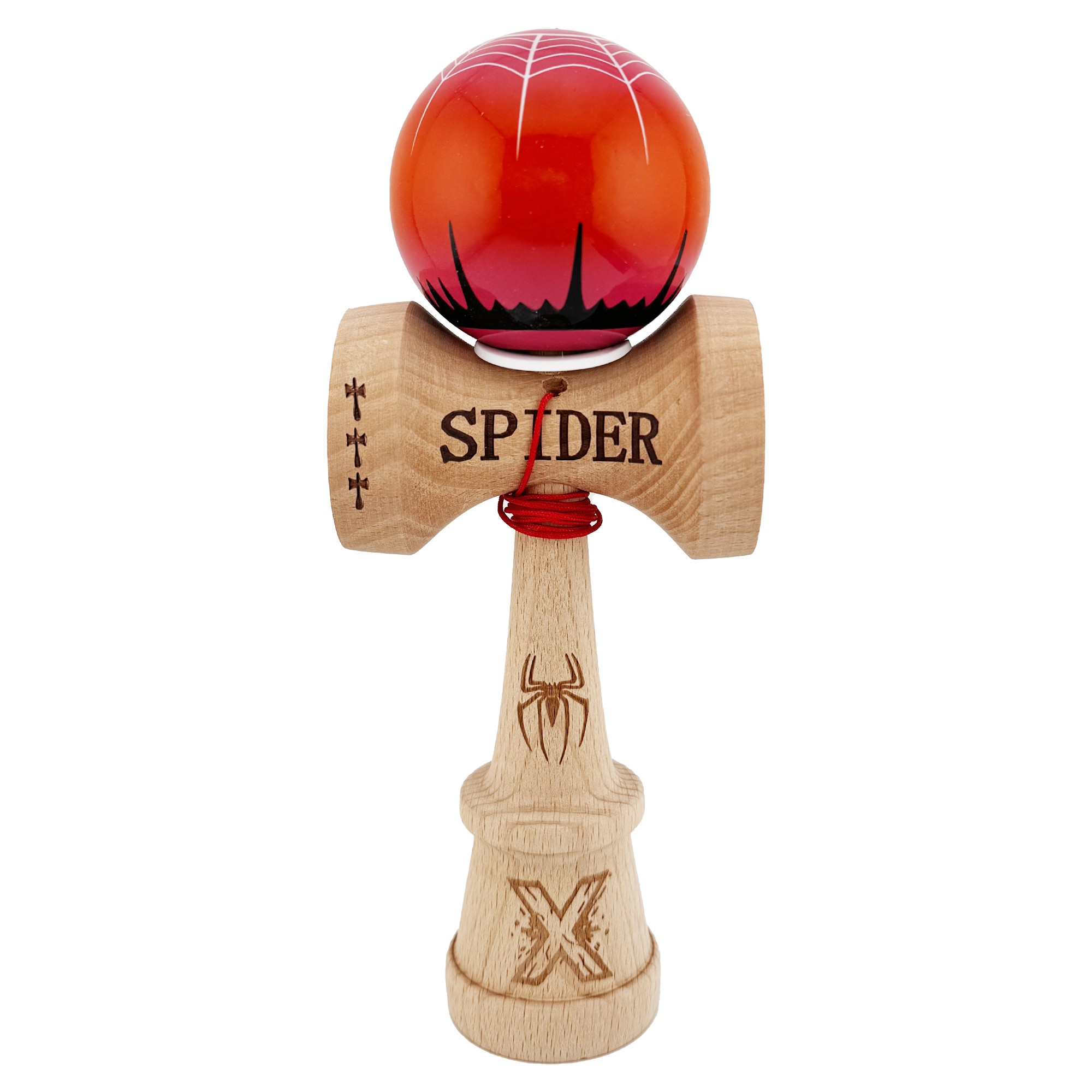 Kendama X Originala, Profesionala, Flippy, SPIDER KING, Super Sticky cu Cupe Mari KING SIZE V3, Gaura in Baza, Rulment Metalic, din lemn 18 cm, Ata 62/65 cm, Rosu/Maro