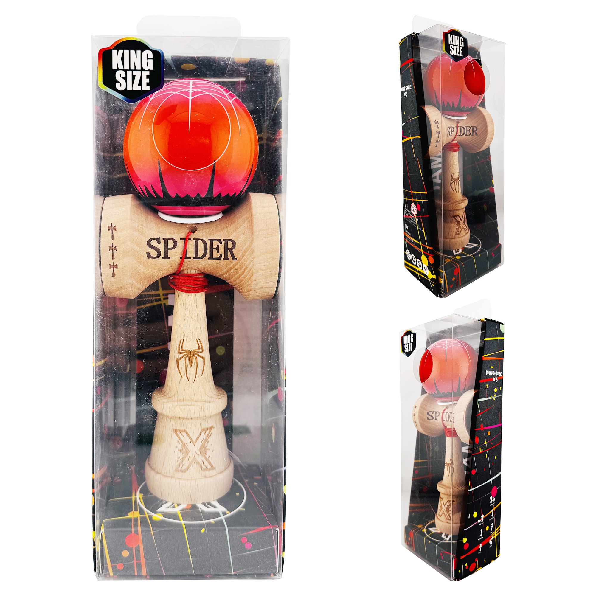 Kendama X Originala, Profesionala, Flippy, SPIDER KING, Super Sticky cu Cupe Mari KING SIZE V3, Gaura in Baza, Rulment Metalic, din lemn 18 cm, Ata 62/65 cm, Rosu/Maro