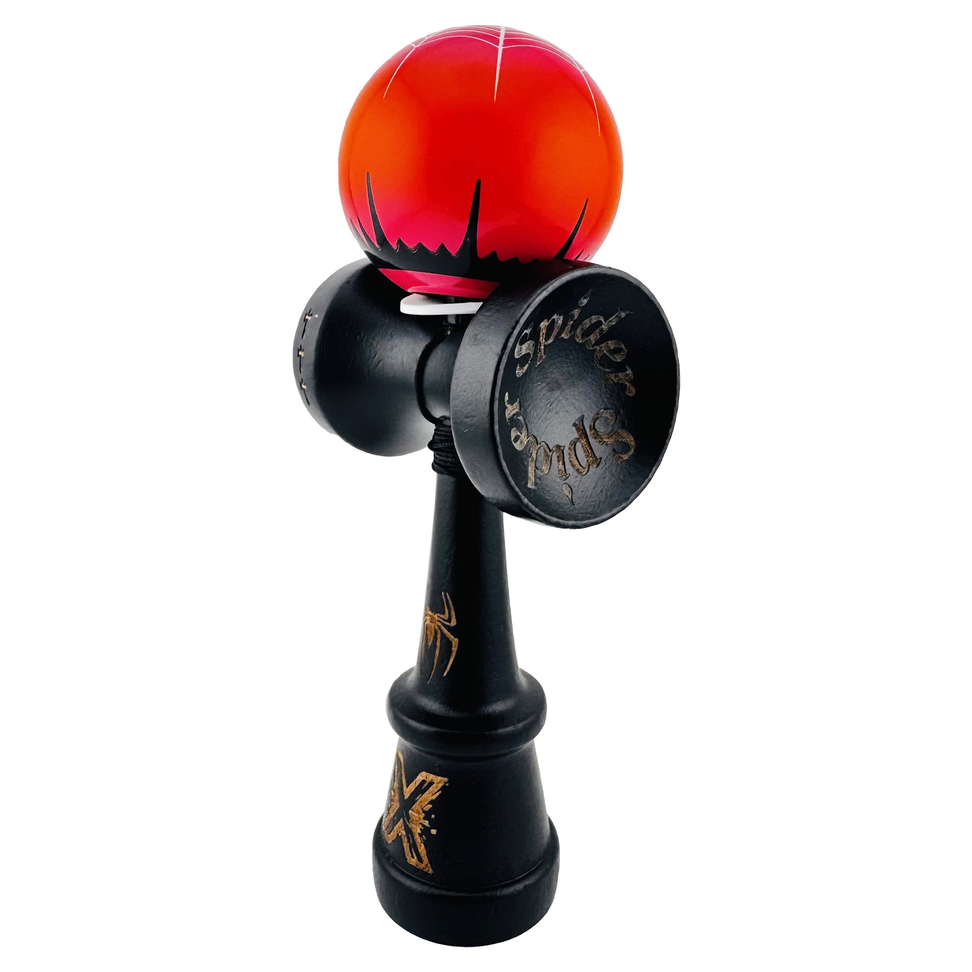 Kendama X Originala, Profesionala, Flippy, BLACK Spider King, Super Sticky cu Cupe Mari KING SIZE V3, Gaura in Baza, Rulment Metalic, din lemn 18 cm, Ata 62/65 cm, Rosu/Negru