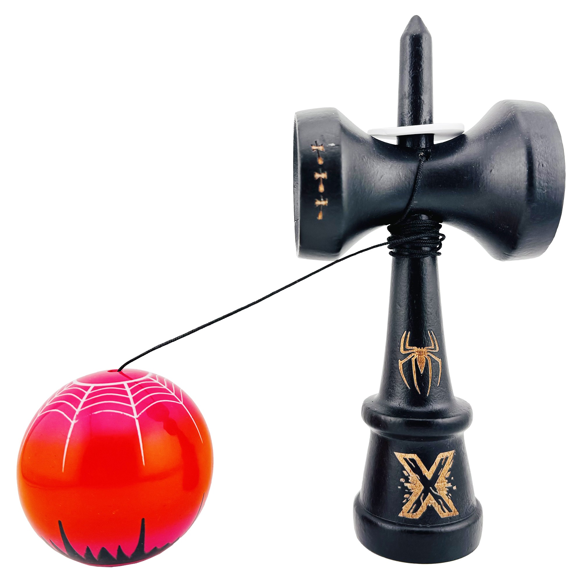 Kendama X Originala, Profesionala, Flippy, BLACK Spider King, Super Sticky cu Cupe Mari KING SIZE V3, Gaura in Baza, Rulment Metalic, din lemn 18 cm, Ata 62/65 cm, Rosu/Negru