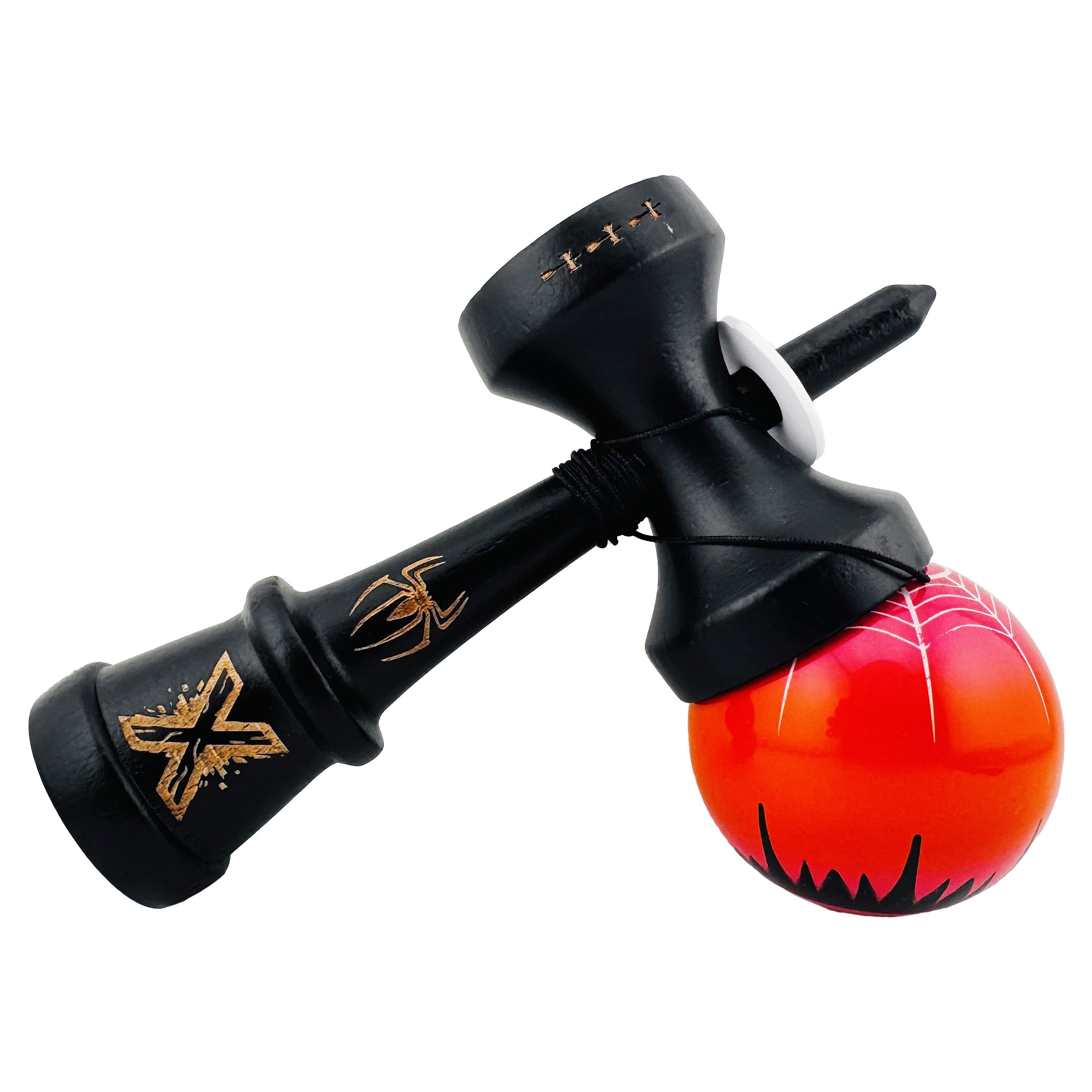 Kendama X Originala, Profesionala, Flippy, BLACK Spider King, Super Sticky cu Cupe Mari KING SIZE V3, Gaura in Baza, Rulment Metalic, din lemn 18 cm, Ata 62/65 cm, Rosu/Negru