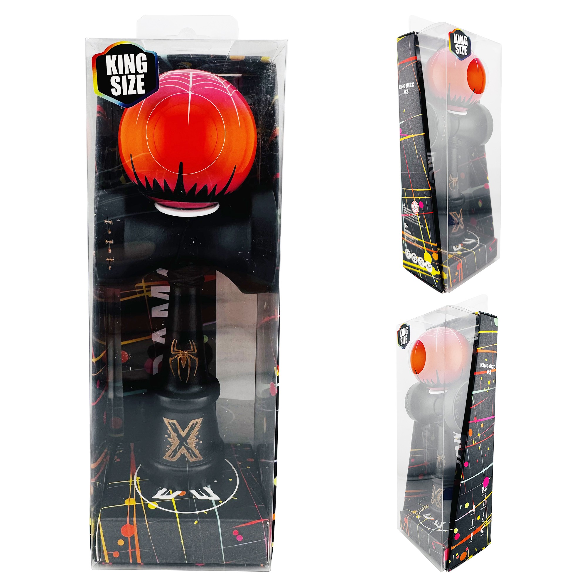 Kendama X Originala, Profesionala, Flippy, BLACK Spider King, Super Sticky cu Cupe Mari KING SIZE V3, Gaura in Baza, Rulment Metalic, din lemn 18 cm, Ata 62/65 cm, Rosu/Negru