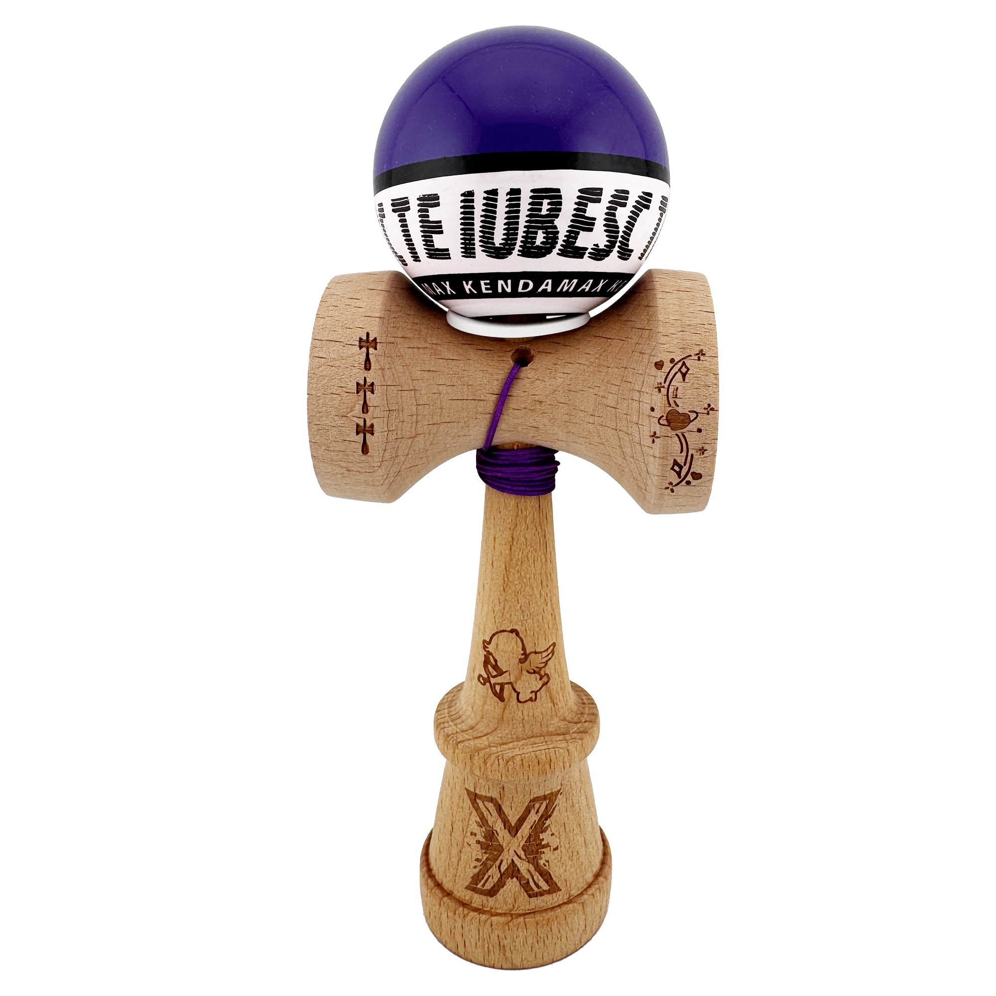 Kendama X TE IUBESC Originala, Profesionala, Flippy, Super Sticky cu Cupe Mari KING SIZE V3, Gaura in Baza, Rulment Metalic, din lemn 18 cm, Ata 62/65 cm, Violet/Alb