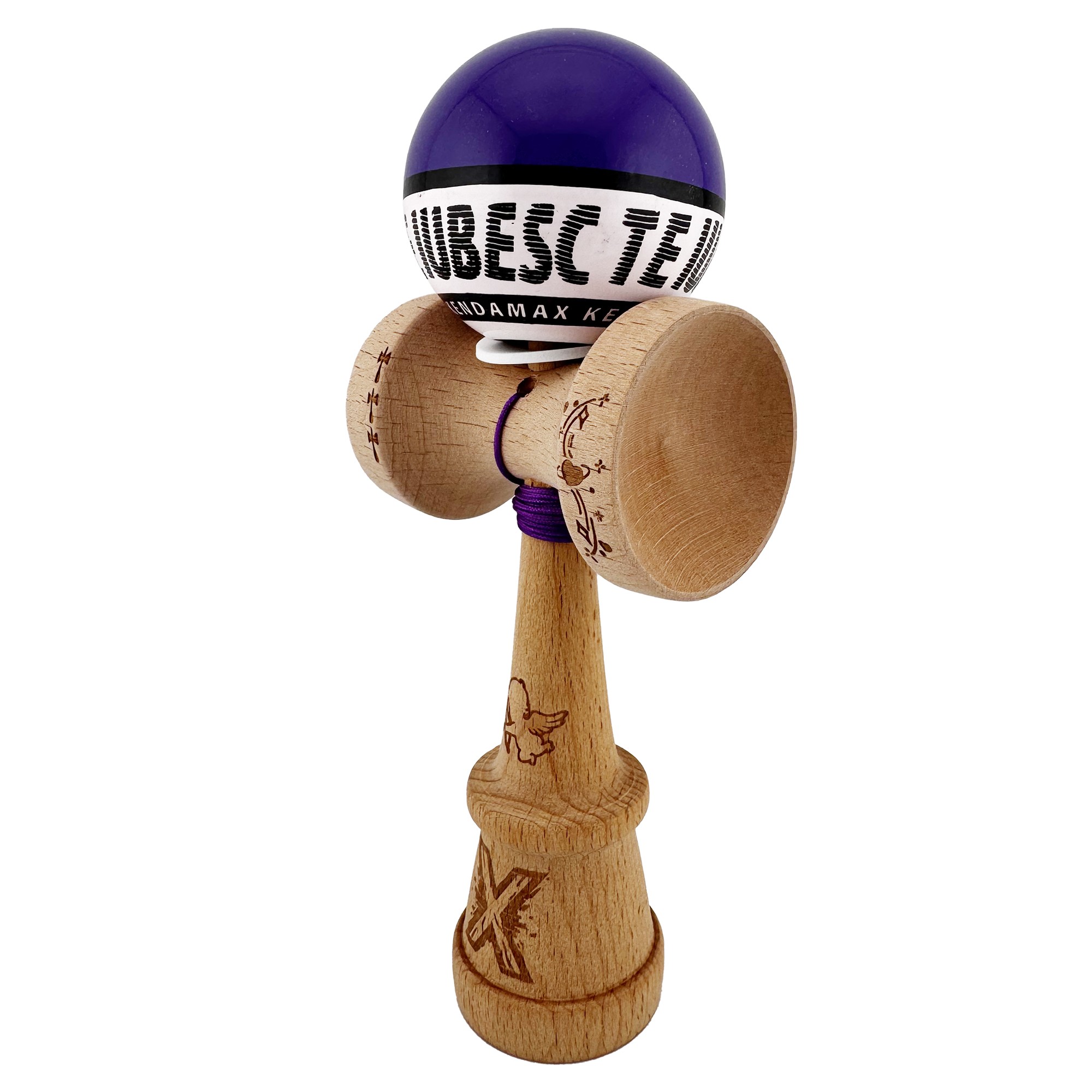 Kendama X TE IUBESC Originala, Profesionala, Flippy, Super Sticky cu Cupe Mari KING SIZE V3, Gaura in Baza, Rulment Metalic, din lemn 18 cm, Ata 62/65 cm, Violet/Alb