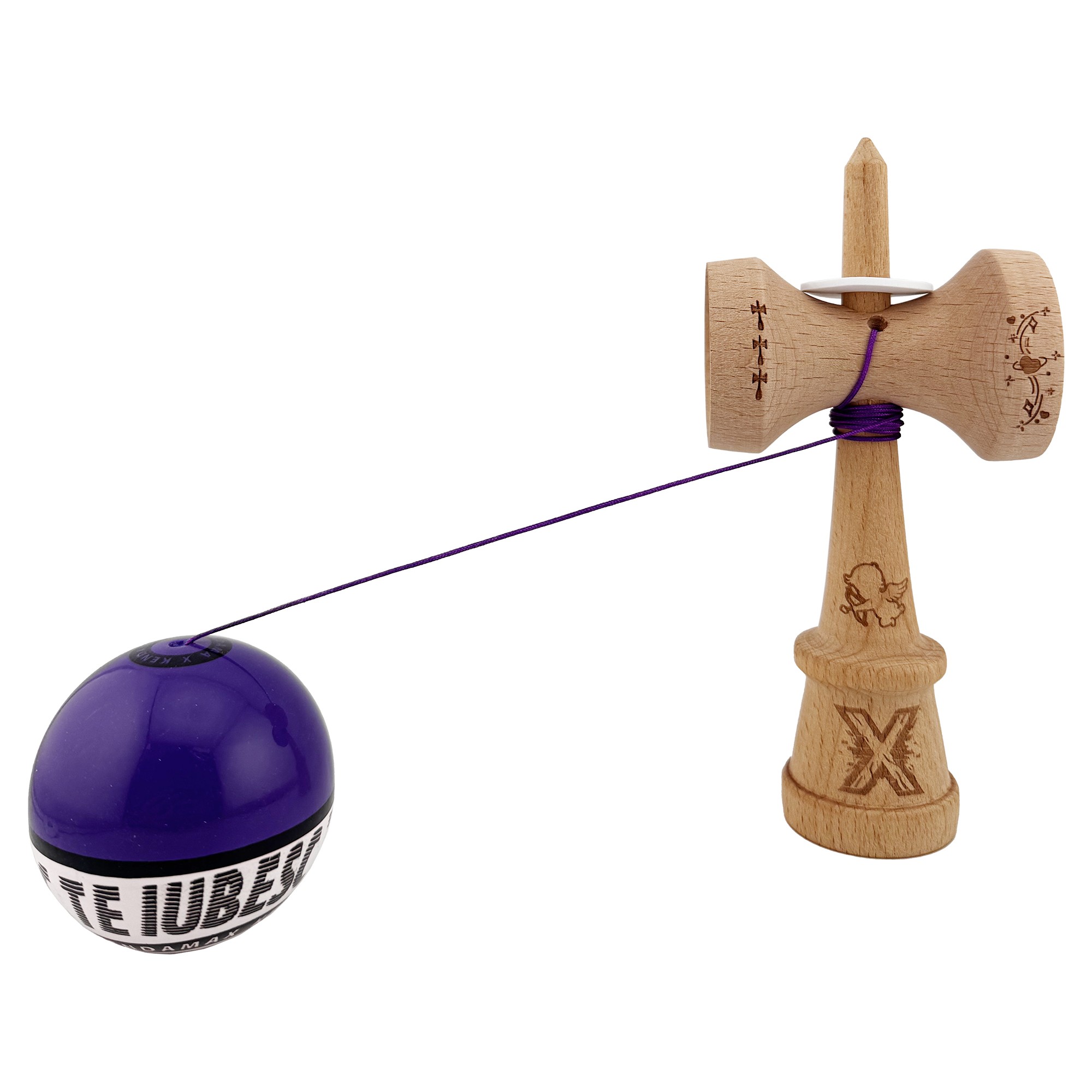 Kendama X TE IUBESC Originala, Profesionala, Flippy, Super Sticky cu Cupe Mari KING SIZE V3, Gaura in Baza, Rulment Metalic, din lemn 18 cm, Ata 62/65 cm, Violet/Alb