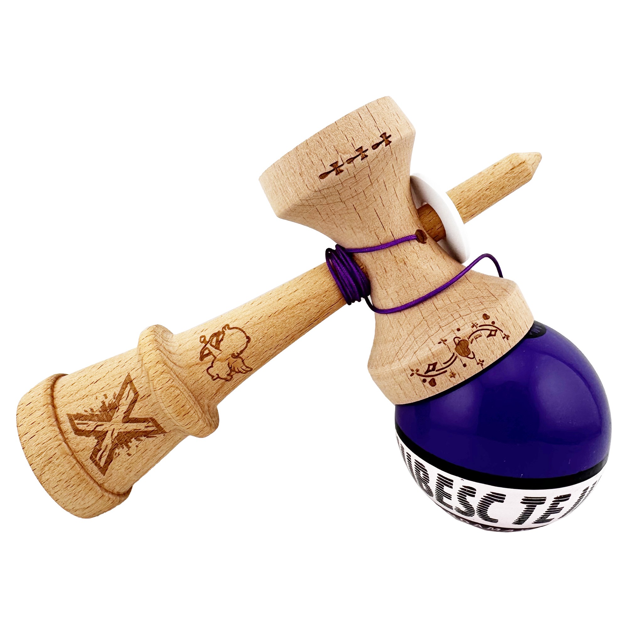 Kendama X TE IUBESC Originala, Profesionala, Flippy, Super Sticky cu Cupe Mari KING SIZE V3, Gaura in Baza, Rulment Metalic, din lemn 18 cm, Ata 62/65 cm, Violet/Alb