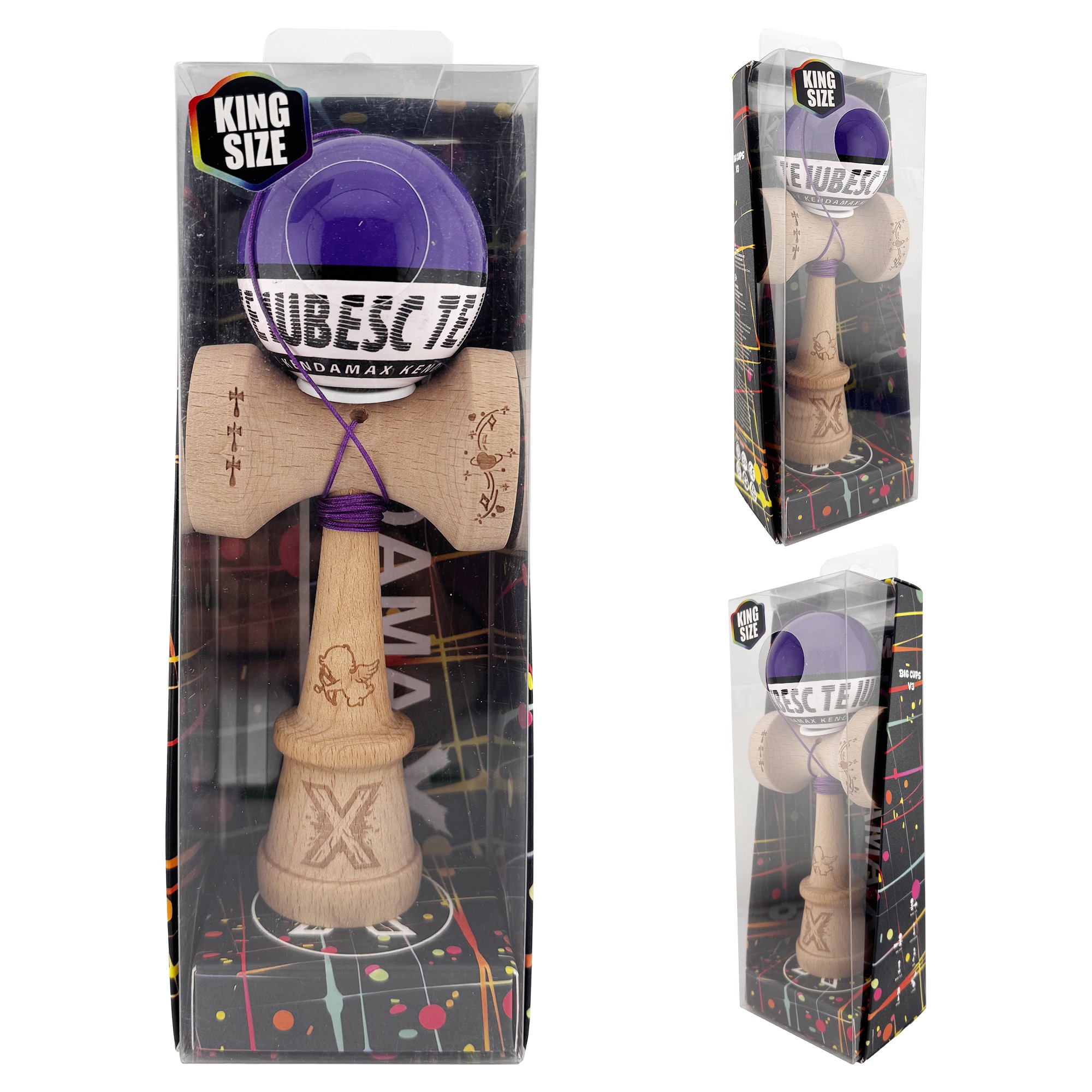 Kendama X TE IUBESC Originala, Profesionala, Flippy, Super Sticky cu Cupe Mari KING SIZE V3, Gaura in Baza, Rulment Metalic, din lemn 18 cm, Ata 62/65 cm, Violet/Alb