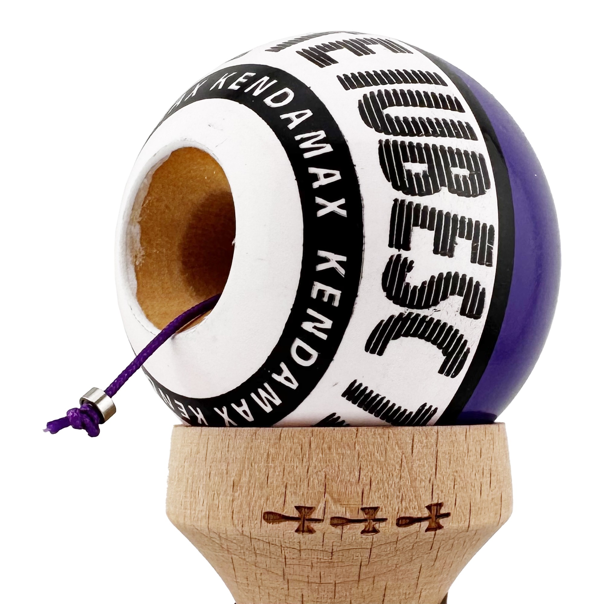 Kendama X TE IUBESC Originala, Profesionala, Flippy, Super Sticky cu Cupe Mari KING SIZE V3, Gaura in Baza, Rulment Metalic, din lemn 18 cm, Ata 62/65 cm, Violet/Alb