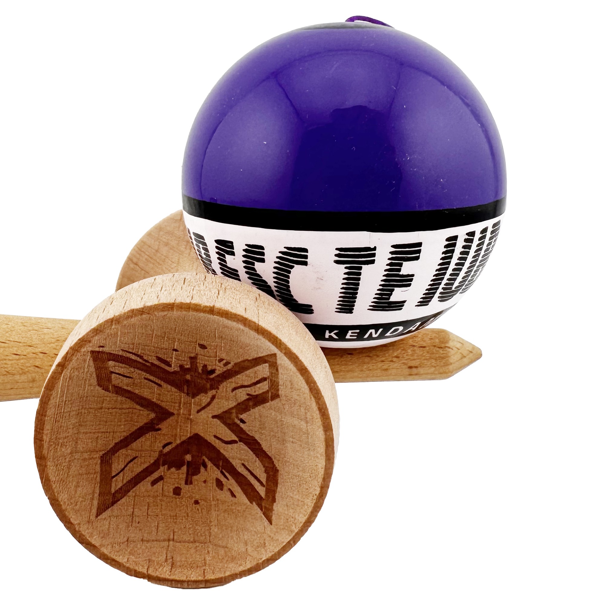 Kendama X TE IUBESC Originala, Profesionala, Flippy, Super Sticky cu Cupe Mari KING SIZE V3, Gaura in Baza, Rulment Metalic, din lemn 18 cm, Ata 62/65 cm, Violet/Alb