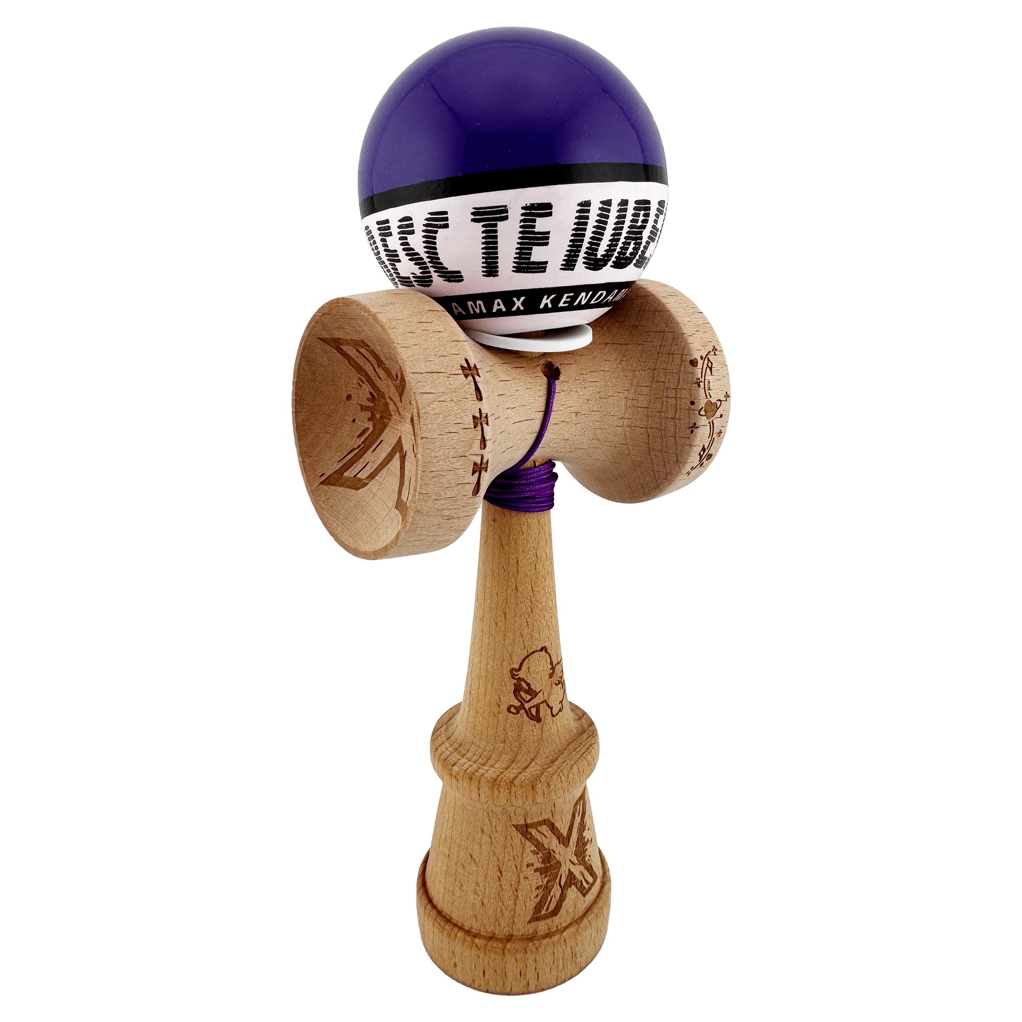Kendama X TE IUBESC Originala, Profesionala, Flippy, Super Sticky cu Cupe Mari KING SIZE V3, Gaura in Baza, Rulment Metalic, din lemn 18 cm, Ata 62/65 cm, Violet/Alb