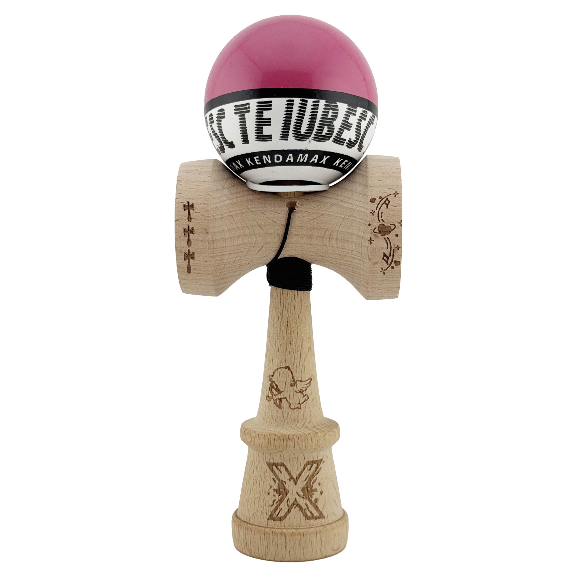 Kendama X TE IUBESC Originala, Profesionala, Flippy, Super Sticky cu Cupe Mari KING SIZE V3, Gaura in Baza, Rulment Metalic, din lemn 18 cm, Ata 62/65 cm, Roz/Alb