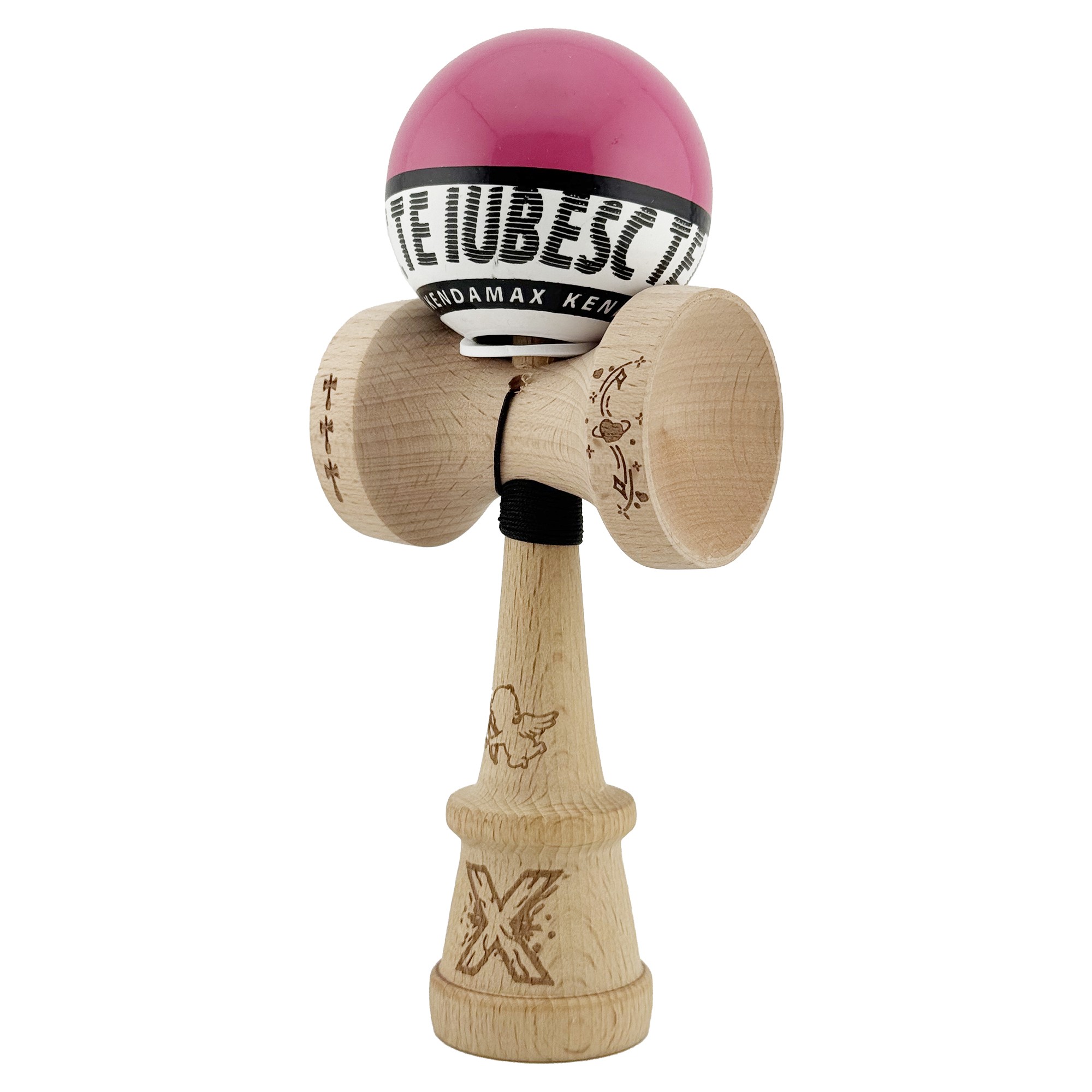 Kendama X TE IUBESC Originala, Profesionala, Flippy, Super Sticky cu Cupe Mari KING SIZE V3, Gaura in Baza, Rulment Metalic, din lemn 18 cm, Ata 62/65 cm, Roz/Alb