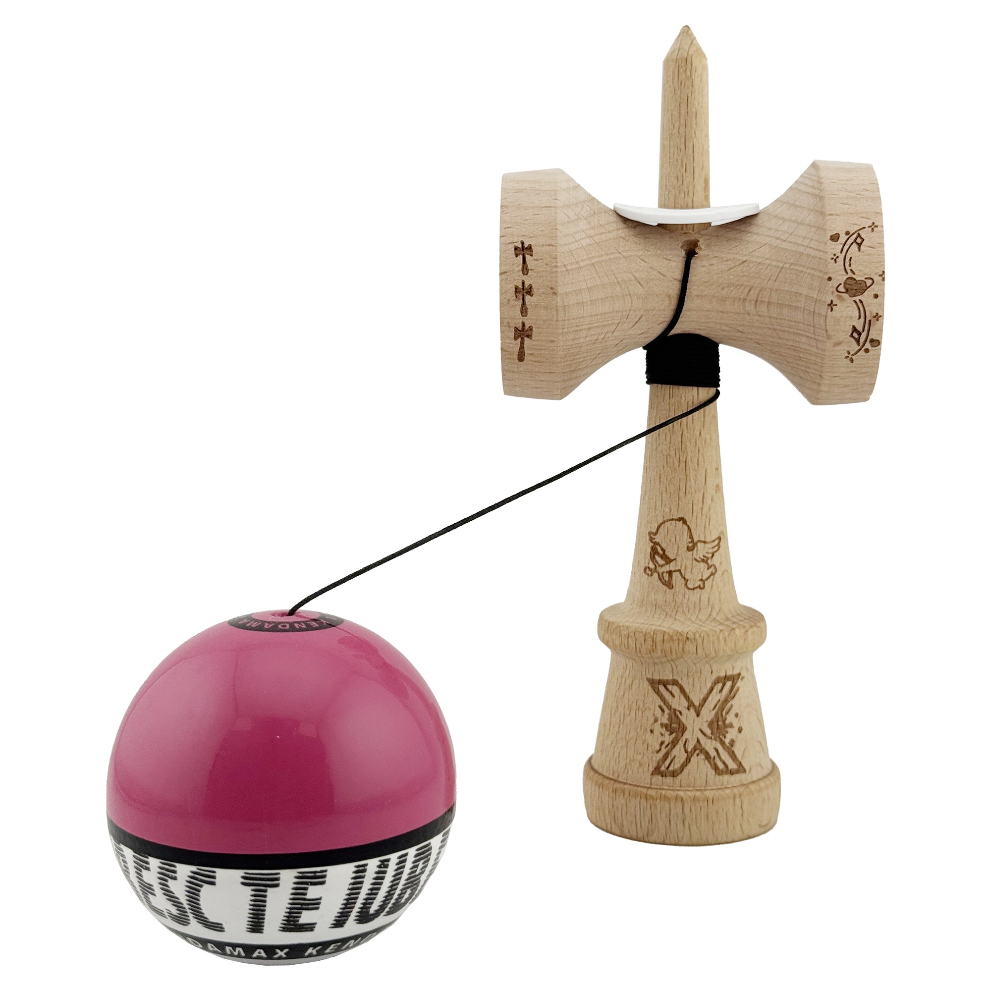 Kendama X TE IUBESC Originala, Profesionala, Flippy, Super Sticky cu Cupe Mari KING SIZE V3, Gaura in Baza, Rulment Metalic, din lemn 18 cm, Ata 62/65 cm, Roz/Alb