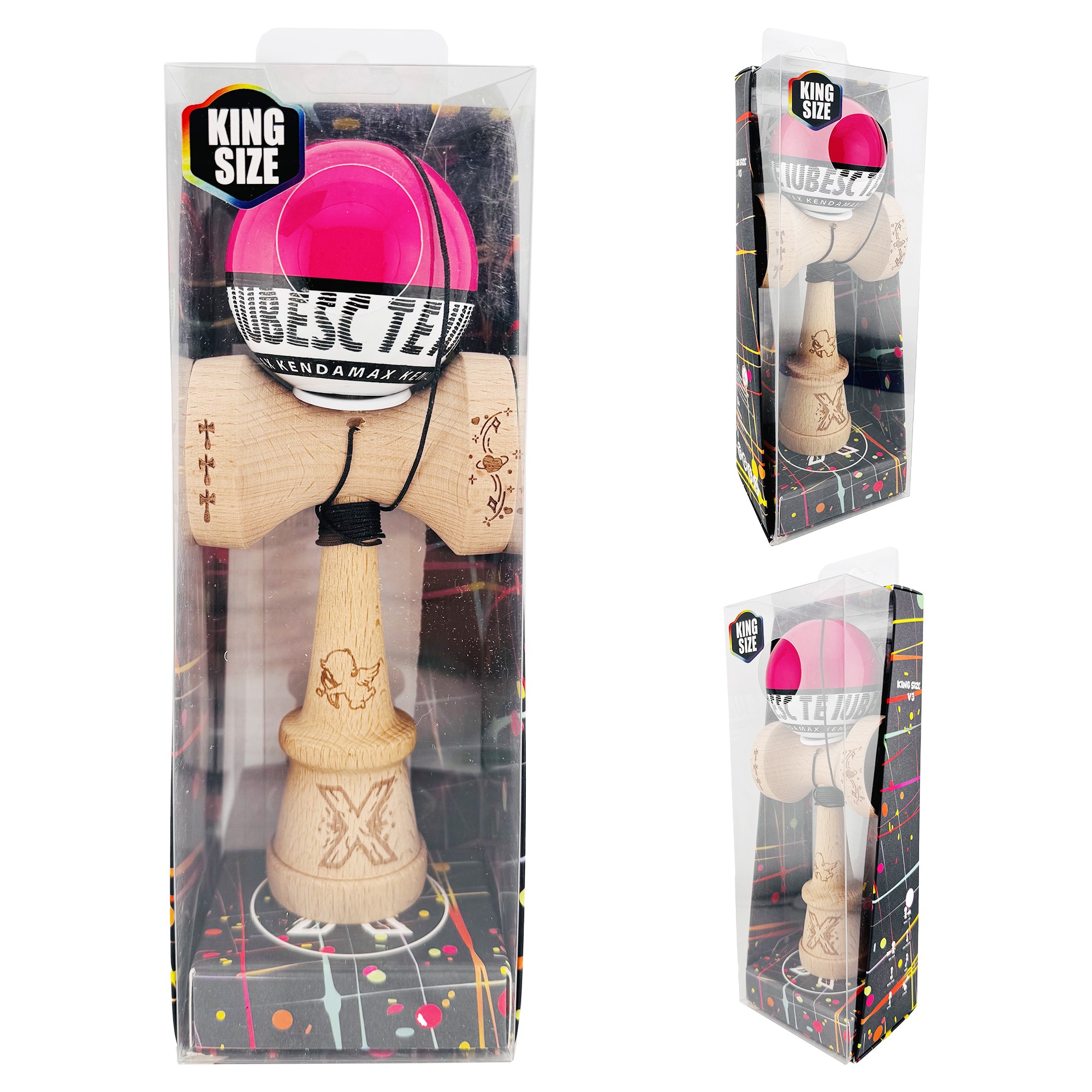 Kendama X TE IUBESC Originala, Profesionala, Flippy, Super Sticky cu Cupe Mari KING SIZE V3, Gaura in Baza, Rulment Metalic, din lemn 18 cm, Ata 62/65 cm, Roz/Alb