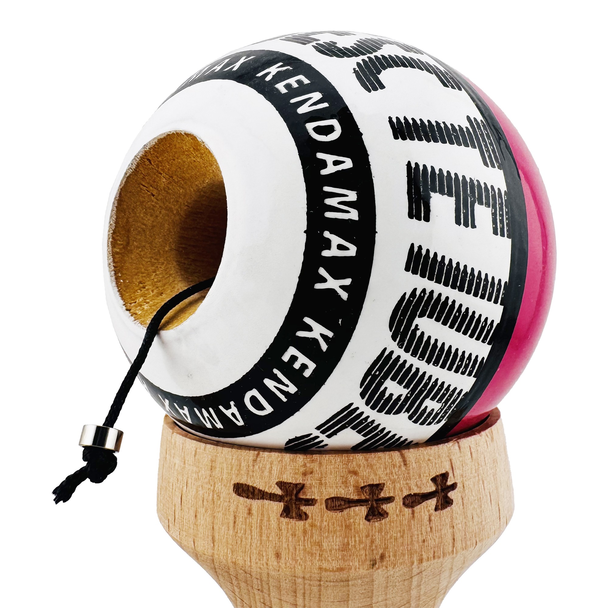 Kendama X TE IUBESC Originala, Profesionala, Flippy, Super Sticky cu Cupe Mari KING SIZE V3, Gaura in Baza, Rulment Metalic, din lemn 18 cm, Ata 62/65 cm, Roz/Alb