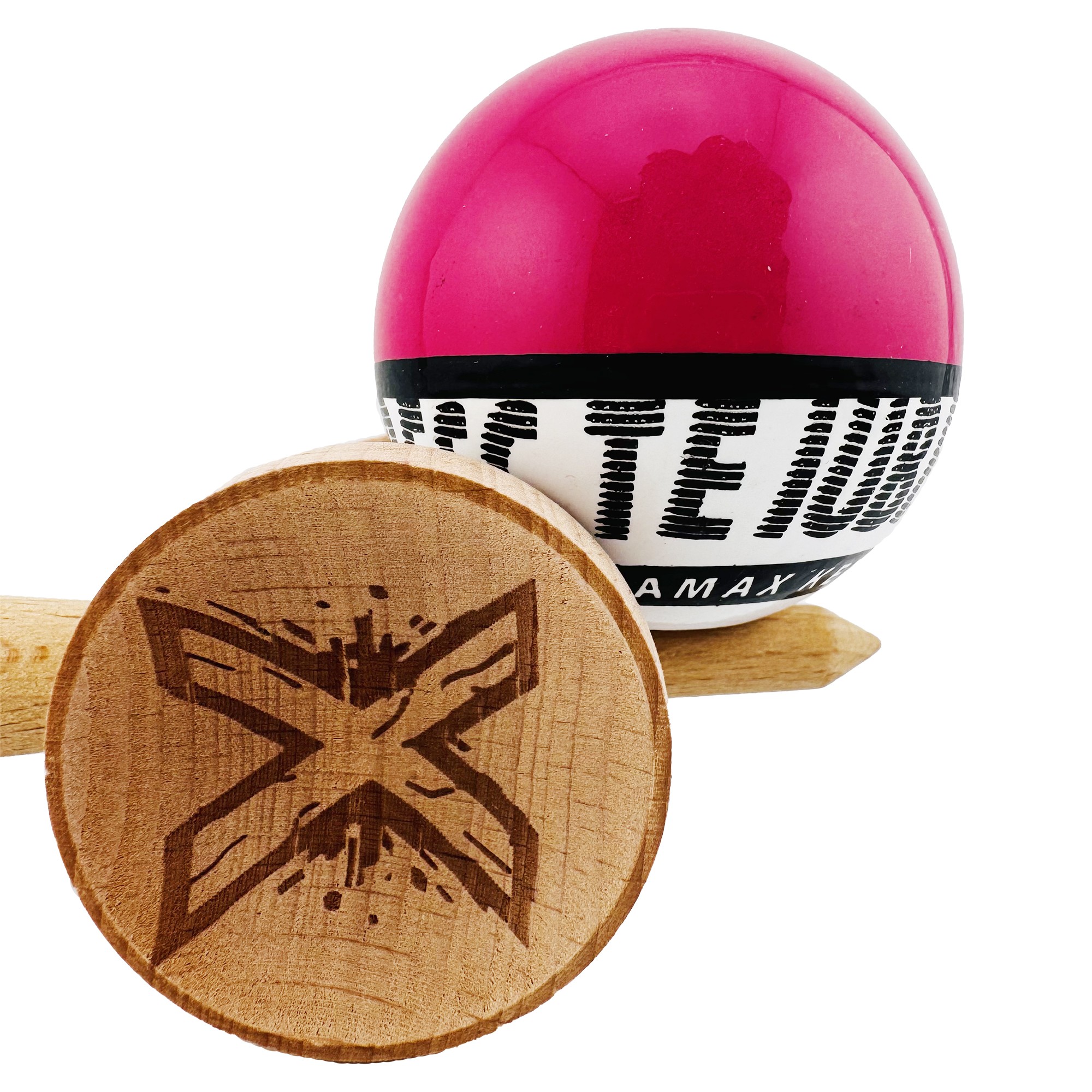 Kendama X TE IUBESC Originala, Profesionala, Flippy, Super Sticky cu Cupe Mari KING SIZE V3, Gaura in Baza, Rulment Metalic, din lemn 18 cm, Ata 62/65 cm, Roz/Alb