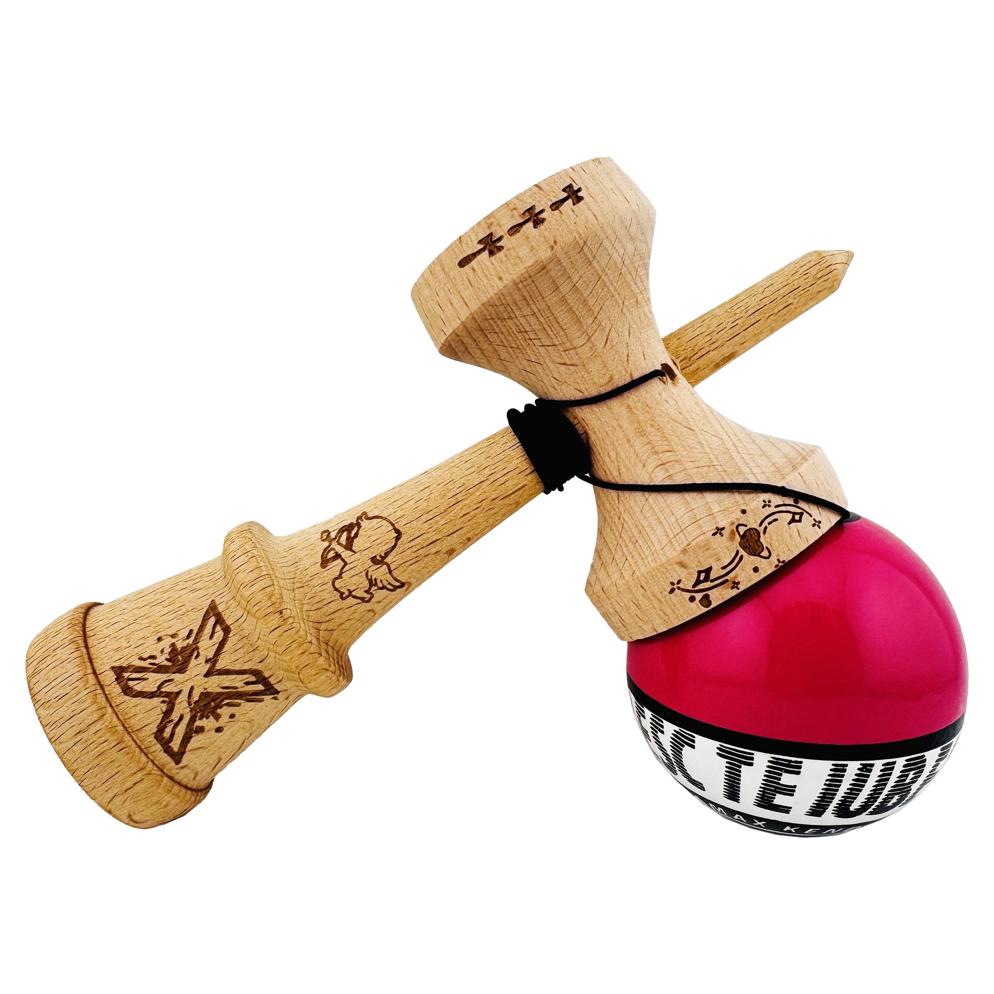 Kendama X TE IUBESC Originala, Profesionala, Flippy, Super Sticky cu Cupe Mari KING SIZE V3, Gaura in Baza, Rulment Metalic, din lemn 18 cm, Ata 62/65 cm, Roz/Alb