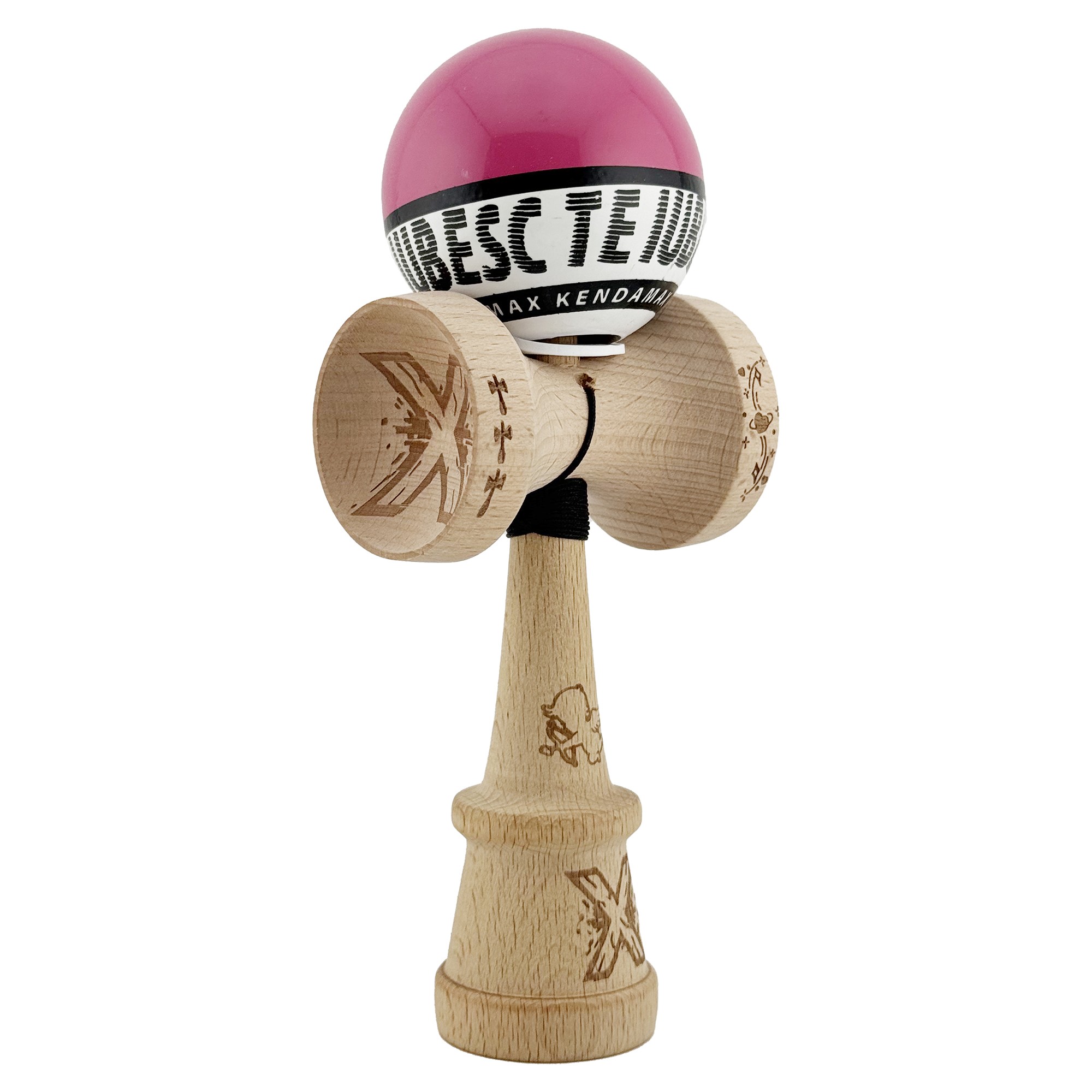 Kendama X TE IUBESC Originala, Profesionala, Flippy, Super Sticky cu Cupe Mari KING SIZE V3, Gaura in Baza, Rulment Metalic, din lemn 18 cm, Ata 62/65 cm, Roz/Alb