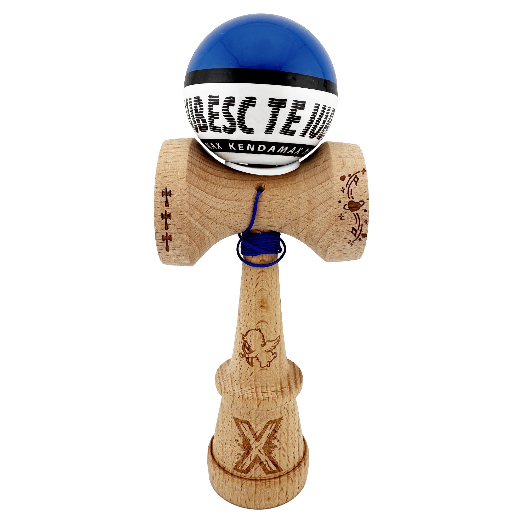 Kendama X TE IUBESC Originala, Profesionala, Flippy, Super Sticky cu Cupe Mari KING SIZE V3, Gaura in Baza, Rulment Metalic, din lemn 18 cm, Ata 62/65 cm, Albastru/Alb