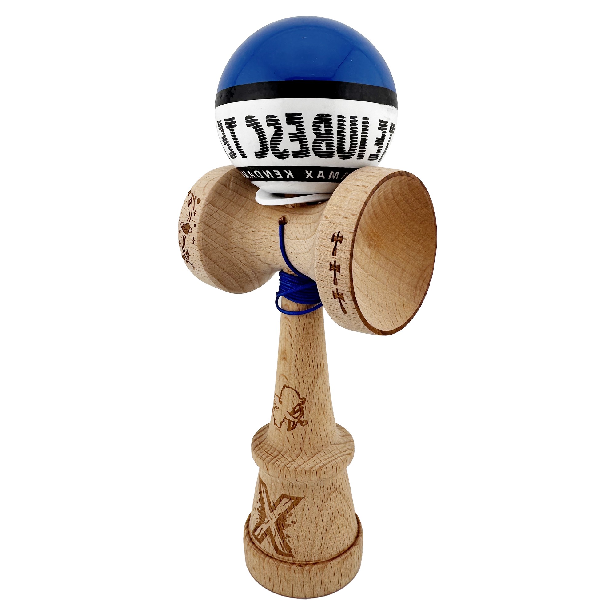 Kendama X TE IUBESC Originala, Profesionala, Flippy, Super Sticky cu Cupe Mari KING SIZE V3, Gaura in Baza, Rulment Metalic, din lemn 18 cm, Ata 62/65 cm, Albastru/Alb