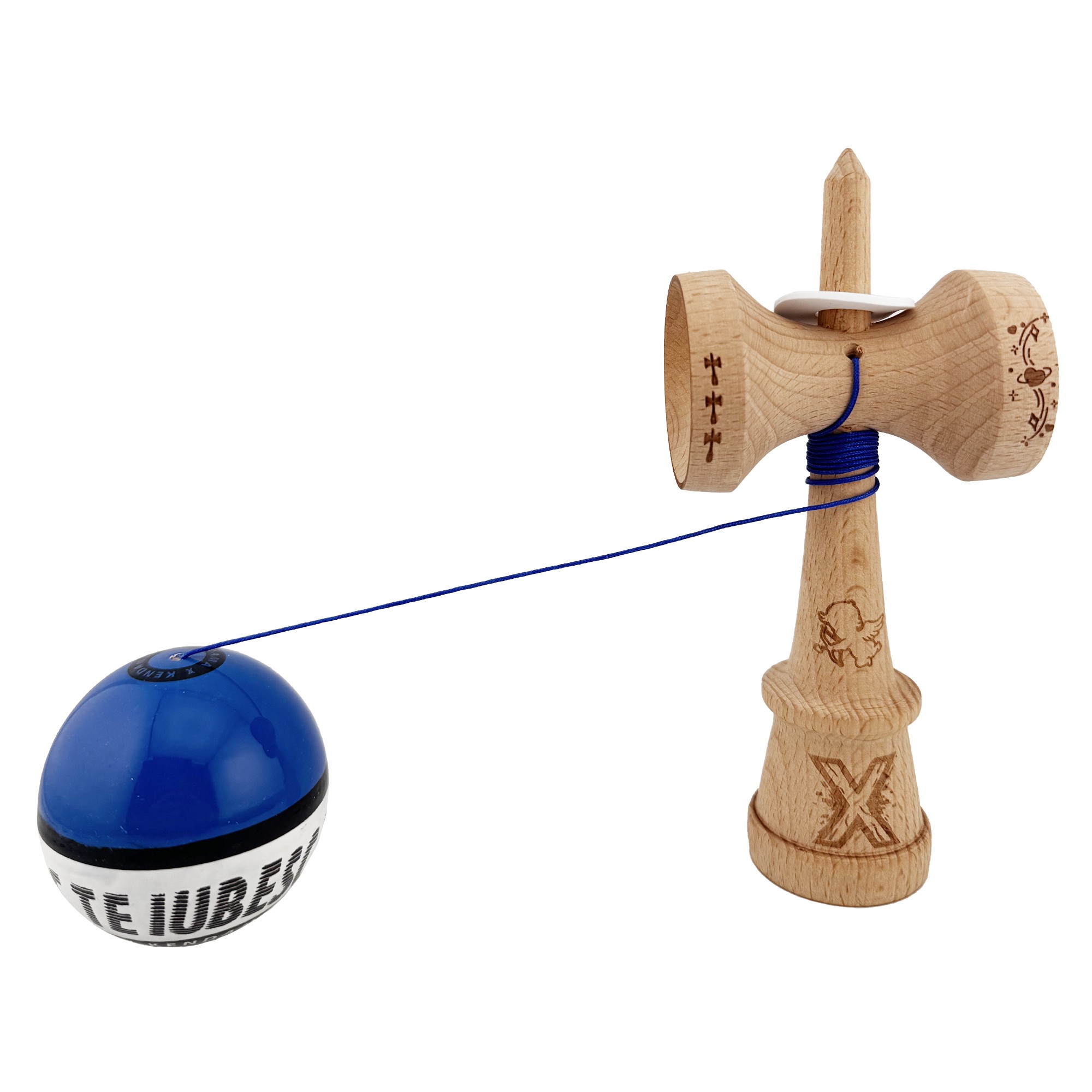Kendama X TE IUBESC Originala, Profesionala, Flippy, Super Sticky cu Cupe Mari KING SIZE V3, Gaura in Baza, Rulment Metalic, din lemn 18 cm, Ata 62/65 cm, Albastru/Alb