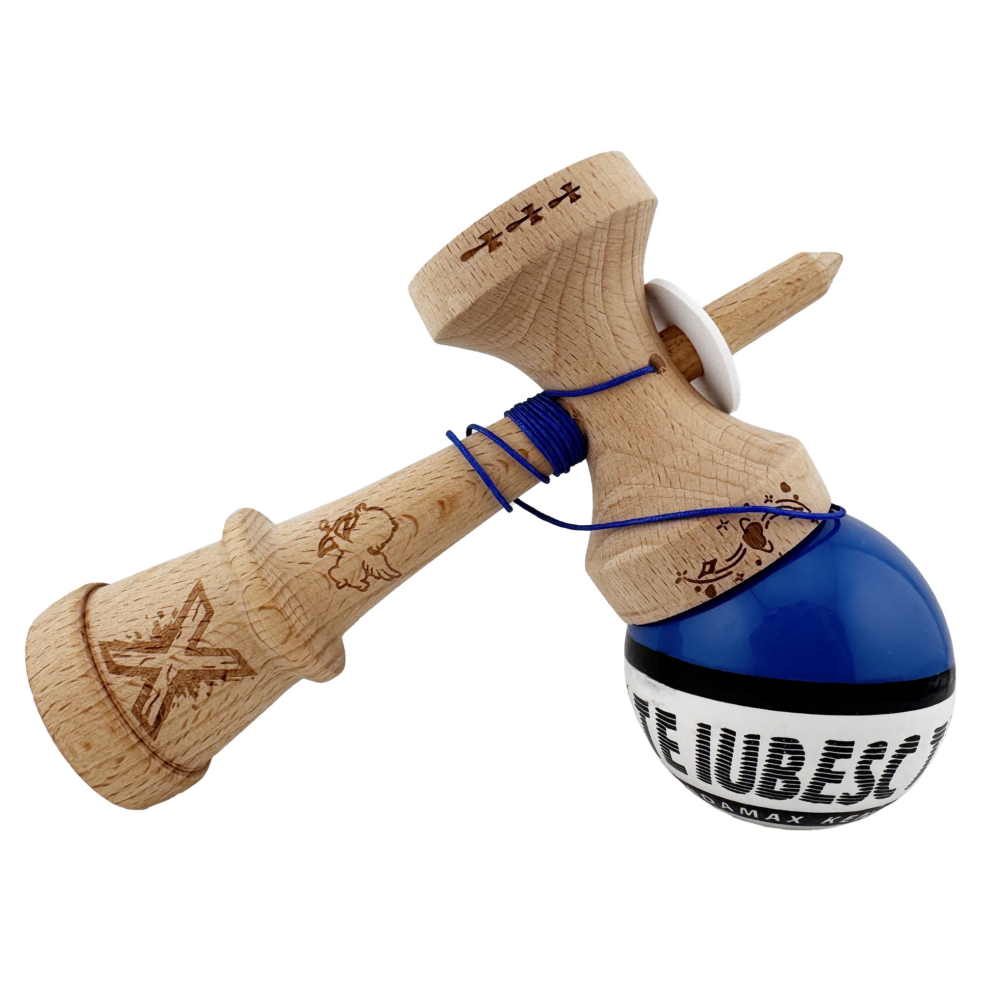 Kendama X TE IUBESC Originala, Profesionala, Flippy, Super Sticky cu Cupe Mari KING SIZE V3, Gaura in Baza, Rulment Metalic, din lemn 18 cm, Ata 62/65 cm, Albastru/Alb