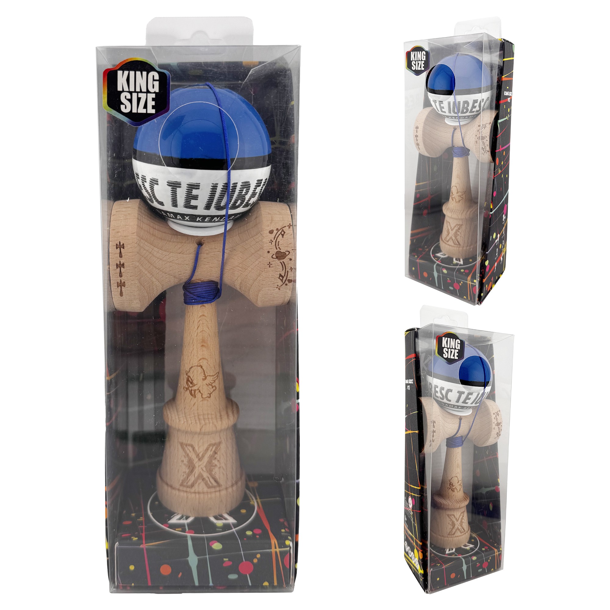 Kendama X TE IUBESC Originala, Profesionala, Flippy, Super Sticky cu Cupe Mari KING SIZE V3, Gaura in Baza, Rulment Metalic, din lemn 18 cm, Ata 62/65 cm, Albastru/Alb