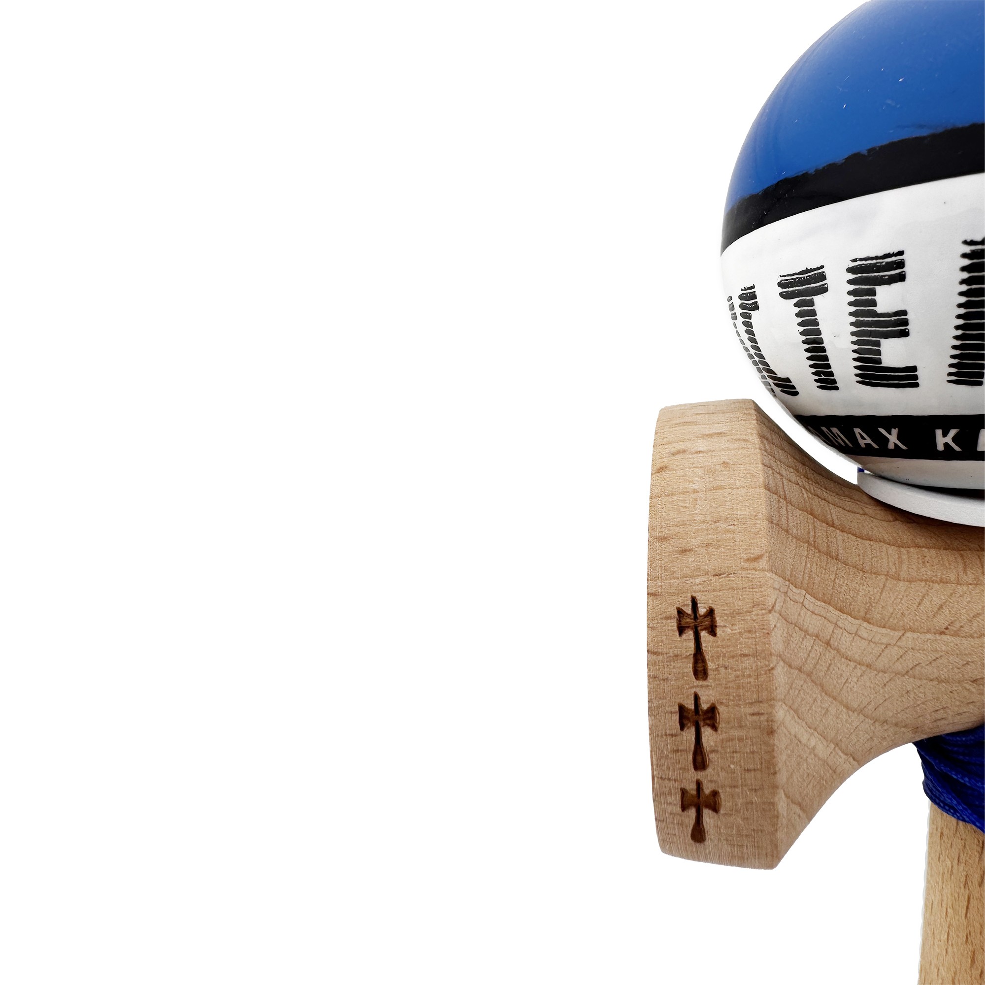 Kendama X TE IUBESC Originala, Profesionala, Flippy, Super Sticky cu Cupe Mari KING SIZE V3, Gaura in Baza, Rulment Metalic, din lemn 18 cm, Ata 62/65 cm, Albastru/Alb