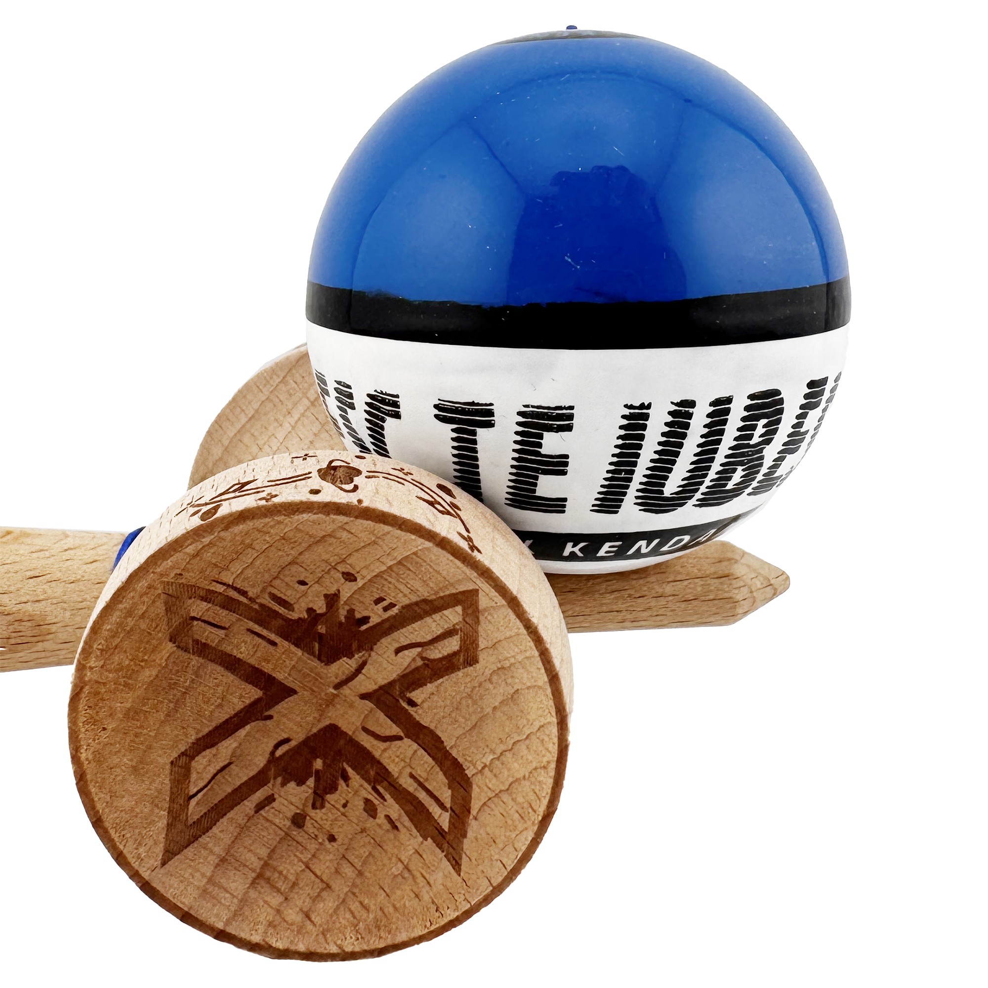 Kendama X TE IUBESC Originala, Profesionala, Flippy, Super Sticky cu Cupe Mari KING SIZE V3, Gaura in Baza, Rulment Metalic, din lemn 18 cm, Ata 62/65 cm, Albastru/Alb