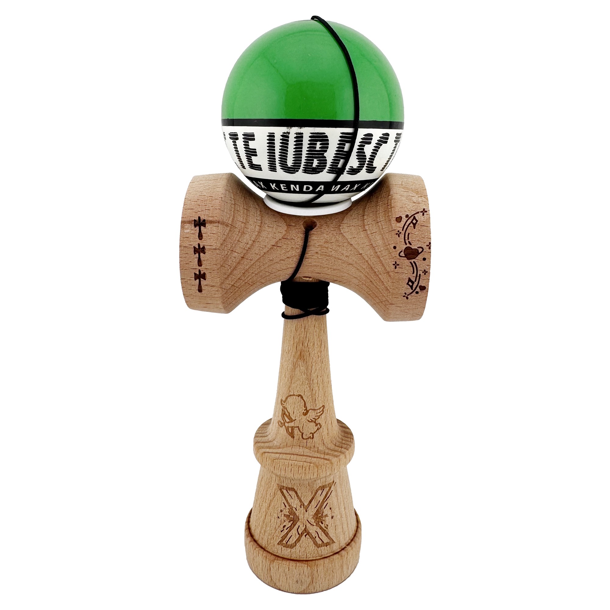 Kendama X TE IUBESC Originala, Profesionala, Flippy, Super Sticky cu Cupe Mari KING SIZE V3, Gaura in Baza, Rulment Metalic, din lemn 18 cm, Ata 62/65 cm, Verde/Alb