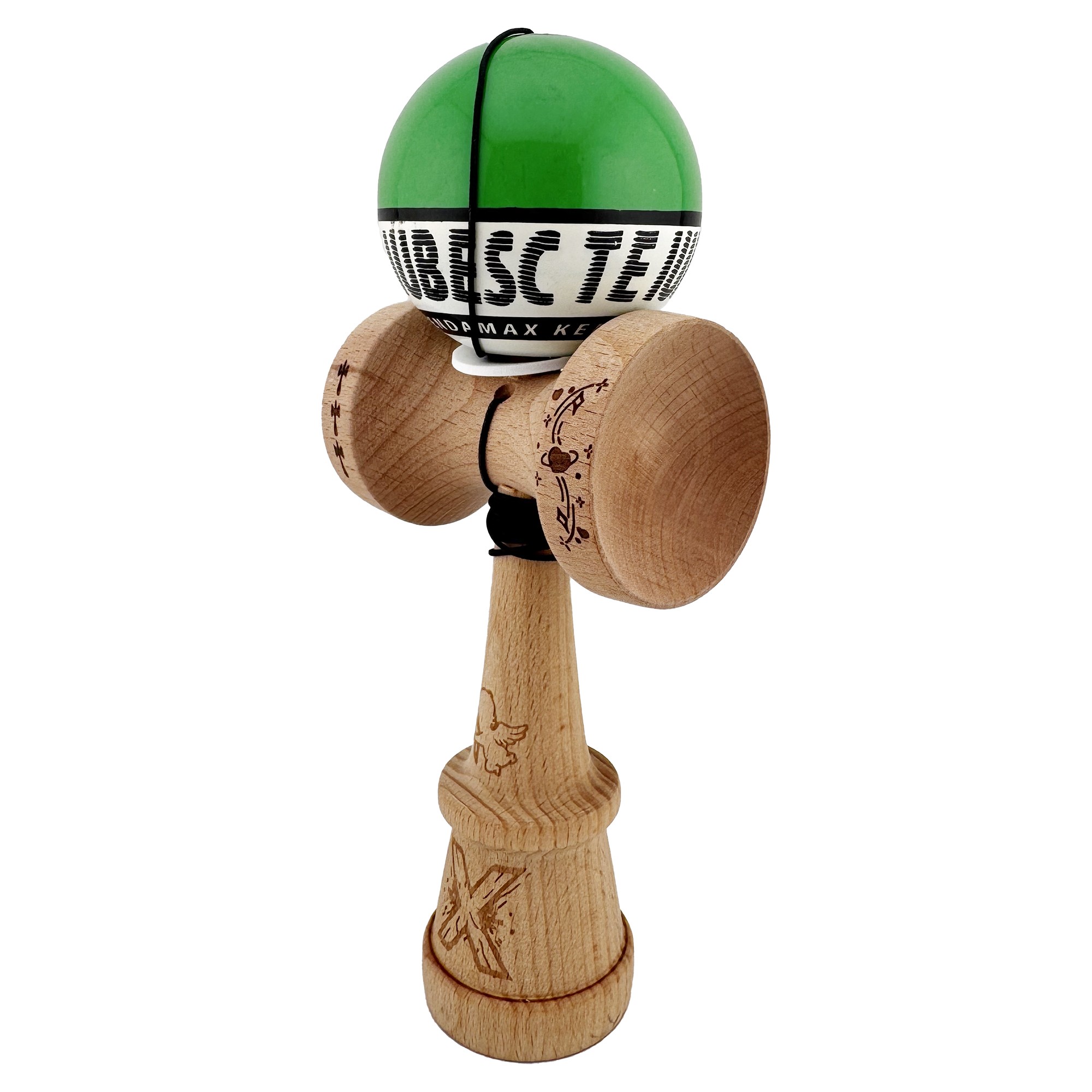 Kendama X TE IUBESC Originala, Profesionala, Flippy, Super Sticky cu Cupe Mari KING SIZE V3, Gaura in Baza, Rulment Metalic, din lemn 18 cm, Ata 62/65 cm, Verde/Alb