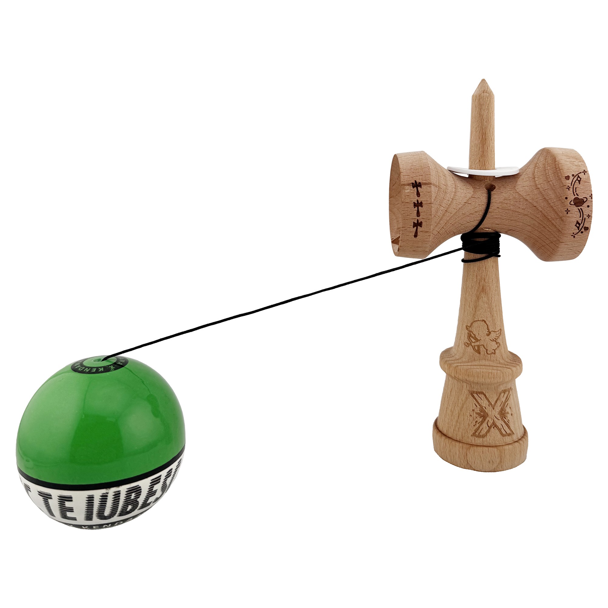 Kendama X TE IUBESC Originala, Profesionala, Flippy, Super Sticky cu Cupe Mari KING SIZE V3, Gaura in Baza, Rulment Metalic, din lemn 18 cm, Ata 62/65 cm, Verde/Alb