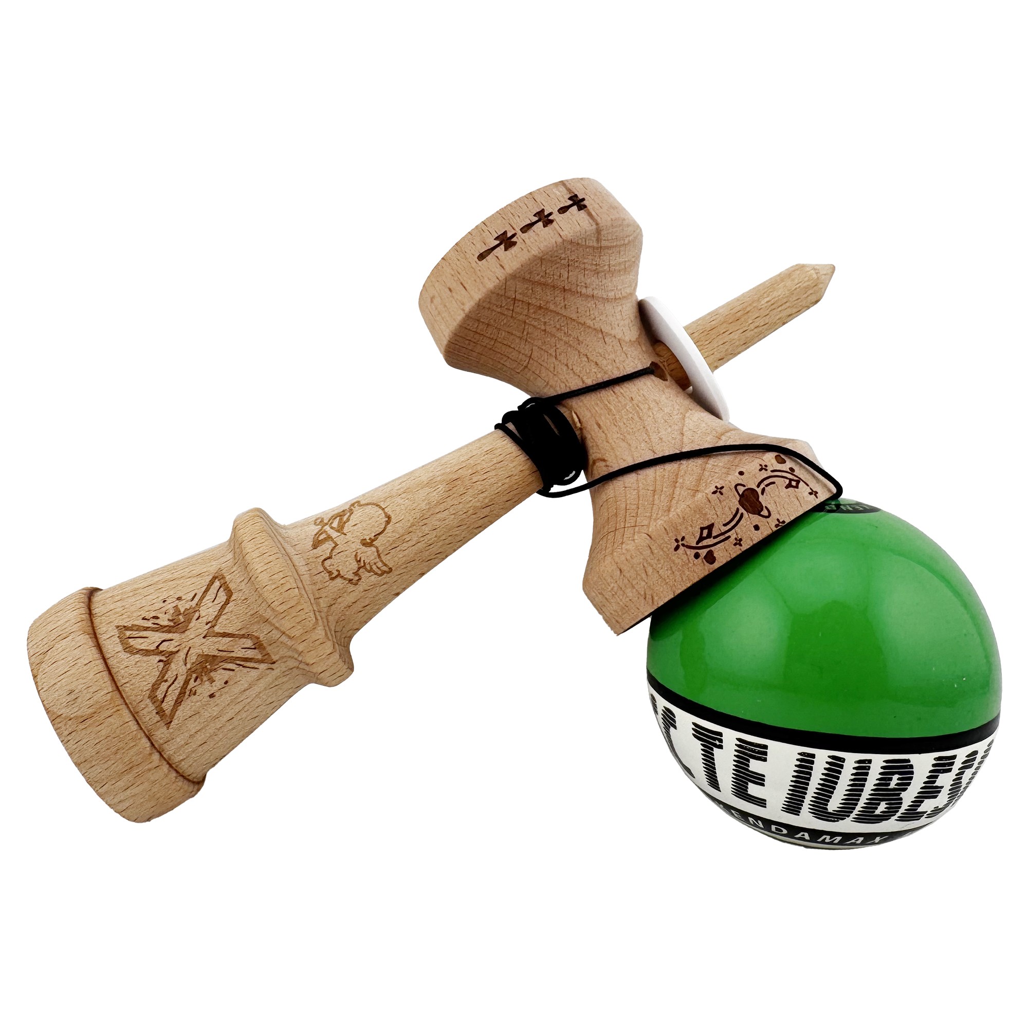 Kendama X TE IUBESC Originala, Profesionala, Flippy, Super Sticky cu Cupe Mari KING SIZE V3, Gaura in Baza, Rulment Metalic, din lemn 18 cm, Ata 62/65 cm, Verde/Alb